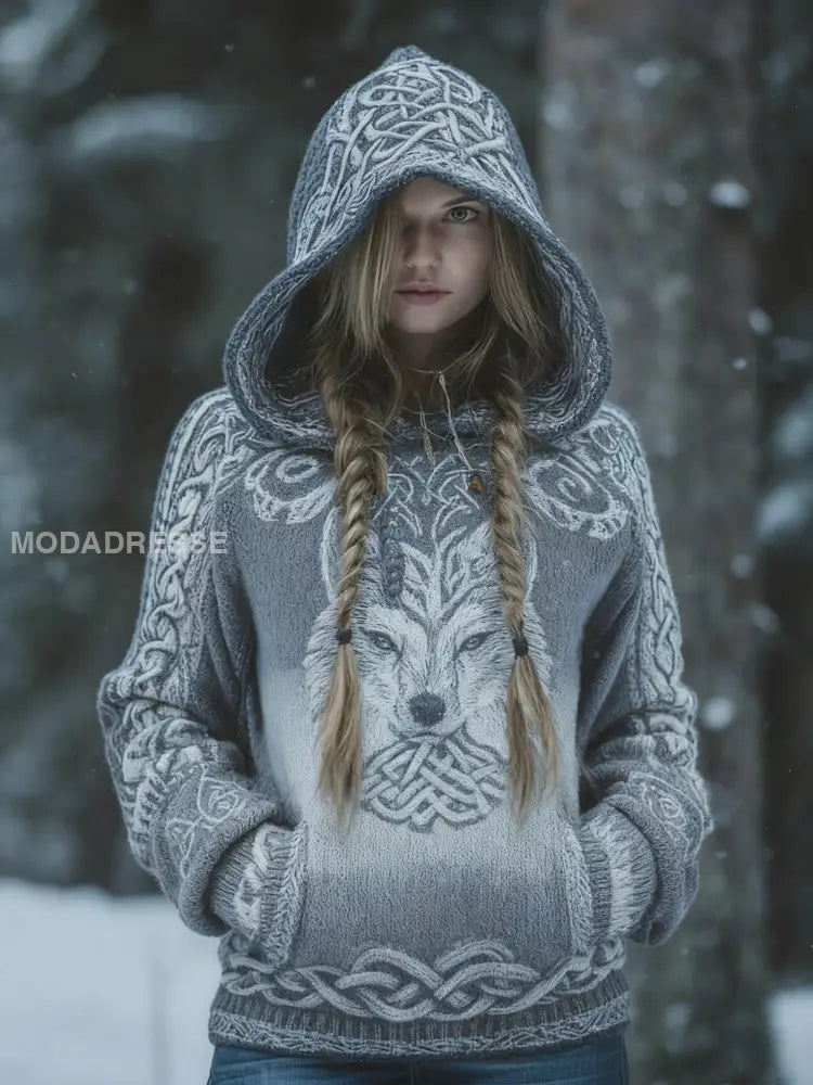 Retro Viking varg keltisk knop träd liv gradient Skriv ut huvad grå / S