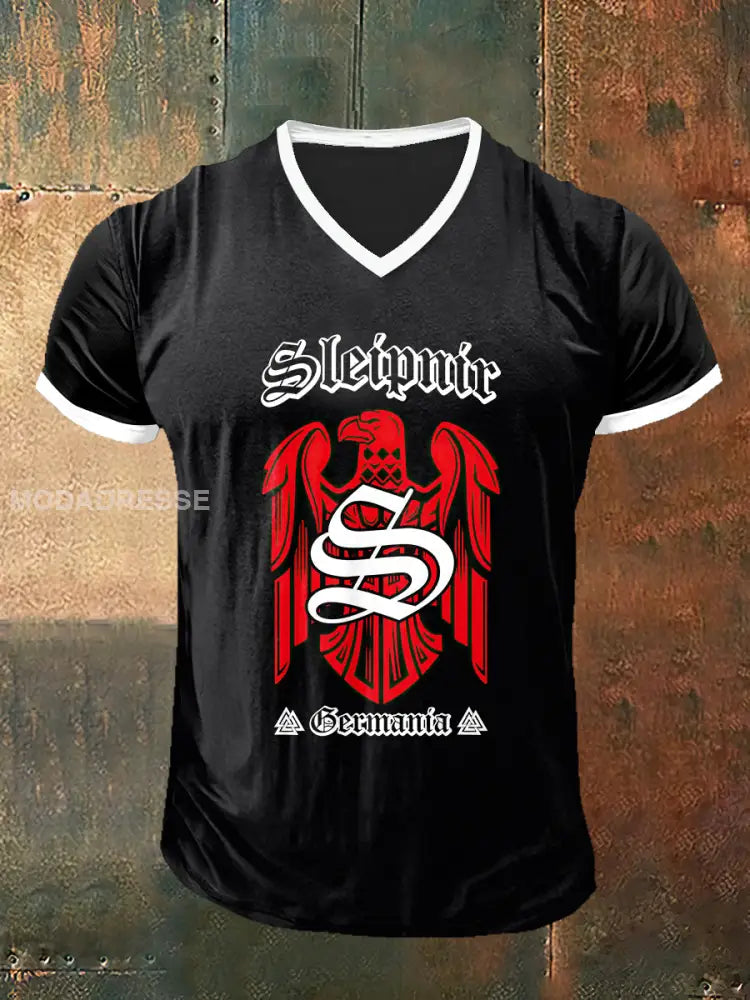 Sleipnir trykt Vintage Moe Kort erm V-hals T-shirt S