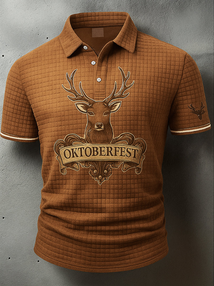 Retro Oktoberfest Deer Lederhosen Konstnärlig tryckt textur V-hals korta ärmar Polo-shirt