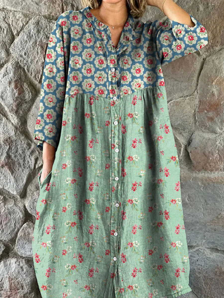 Retro Floral Art Print Vintage Chic V-Hack knapp upp lång ärm Midi klänning