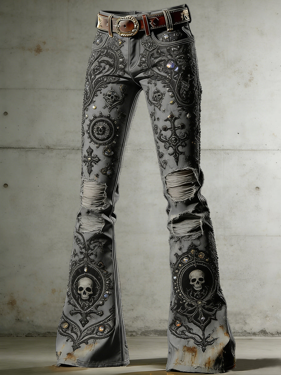 Kvinnors gotiska skull konst utskrift flasad byxor