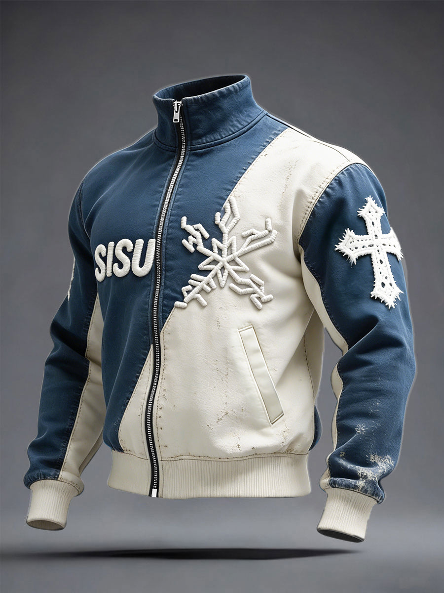 Miesten suomalainen SISU Lumihiutale 3D Patchwork Print Casual stand-Up Kaulus Zip-Up Takti