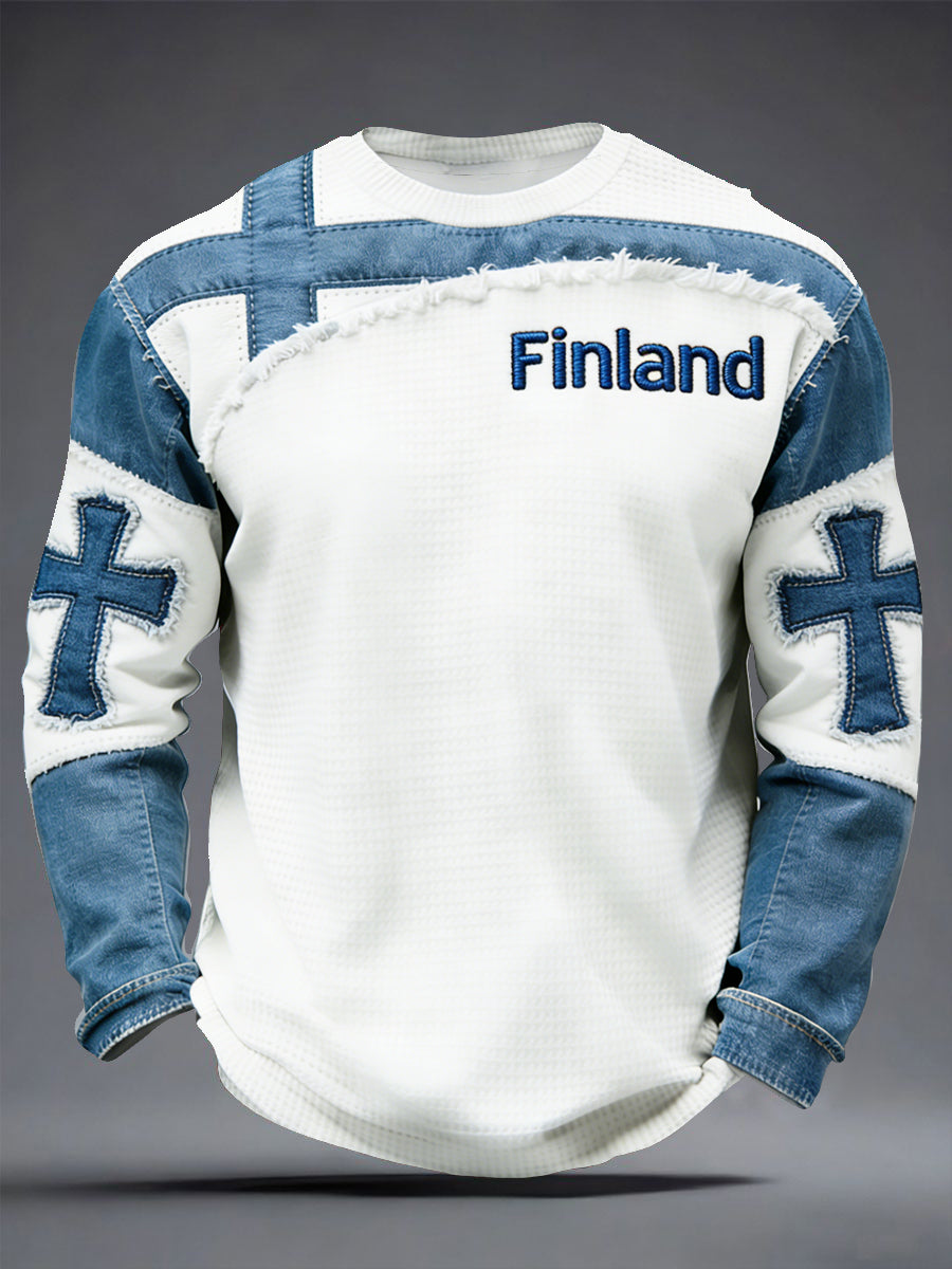 Miesten Suomi Lippu Patchwork 3D Tulosta vapaa pitkähihais T-paiti