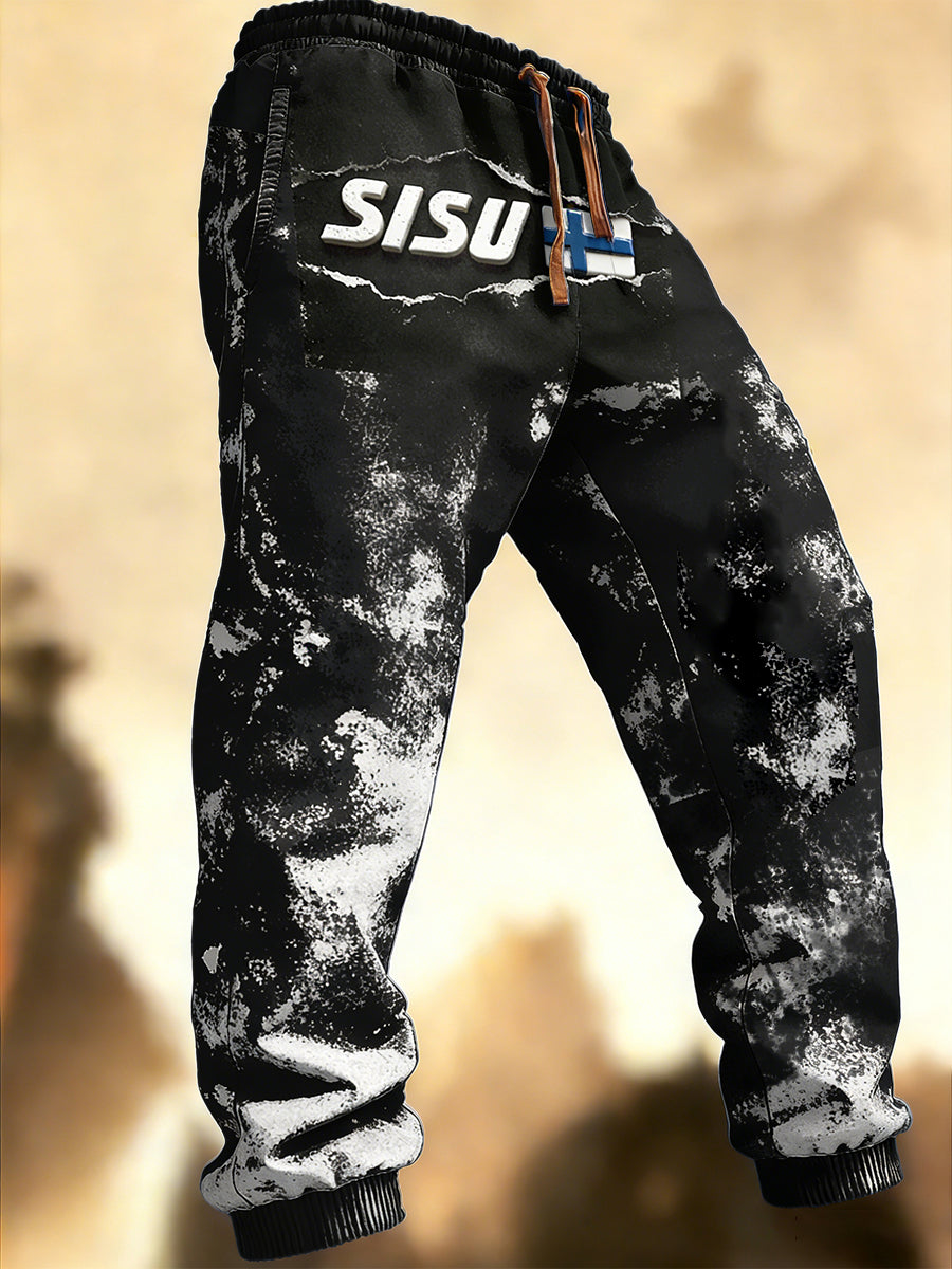 Miesten suomalainen Sisu Tulosta Vintage Musta ja valkoinen Casual housut.