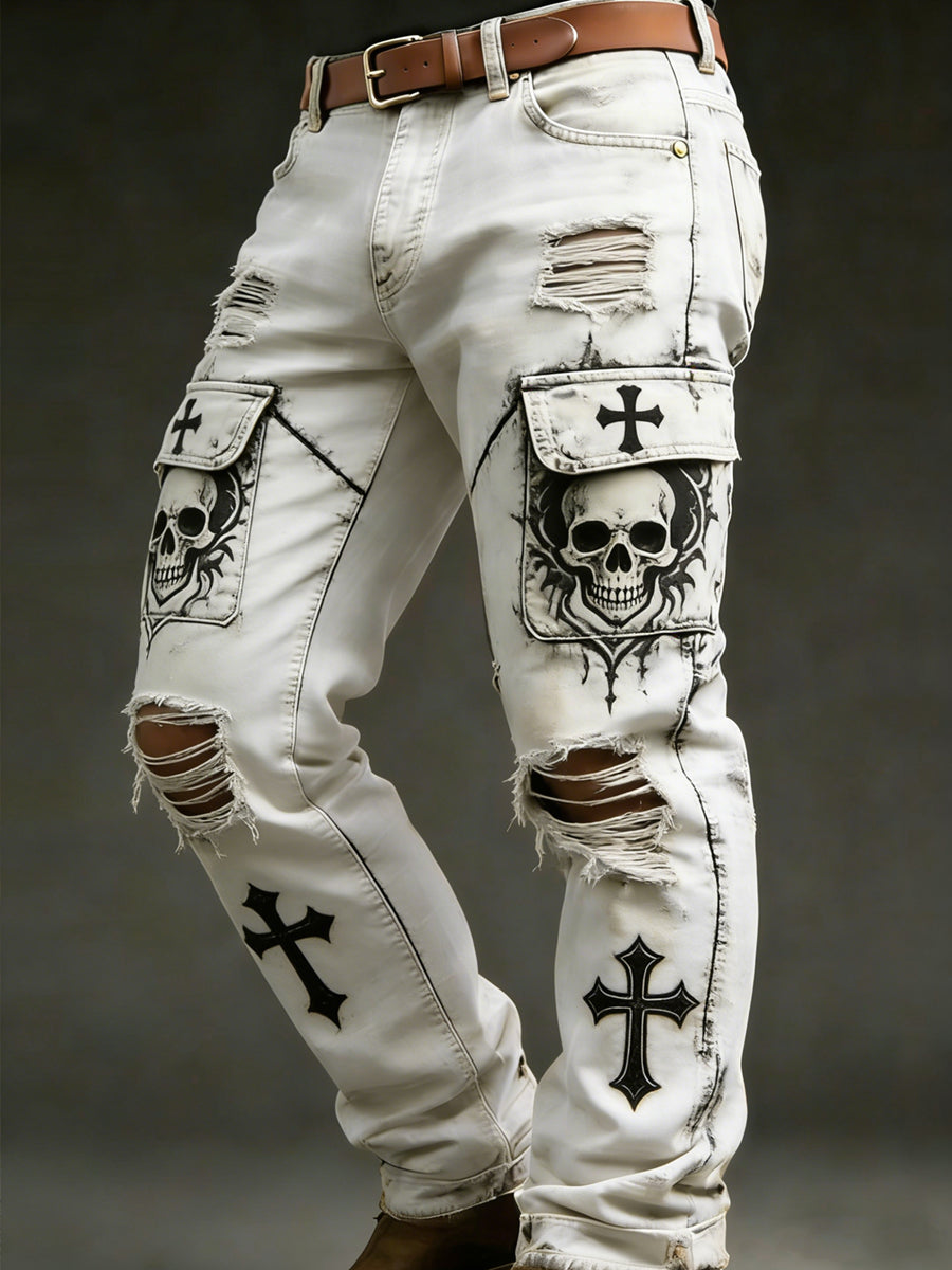 Mäns Retro Vacation Business Skull Art Print Casual Workwear Byxor