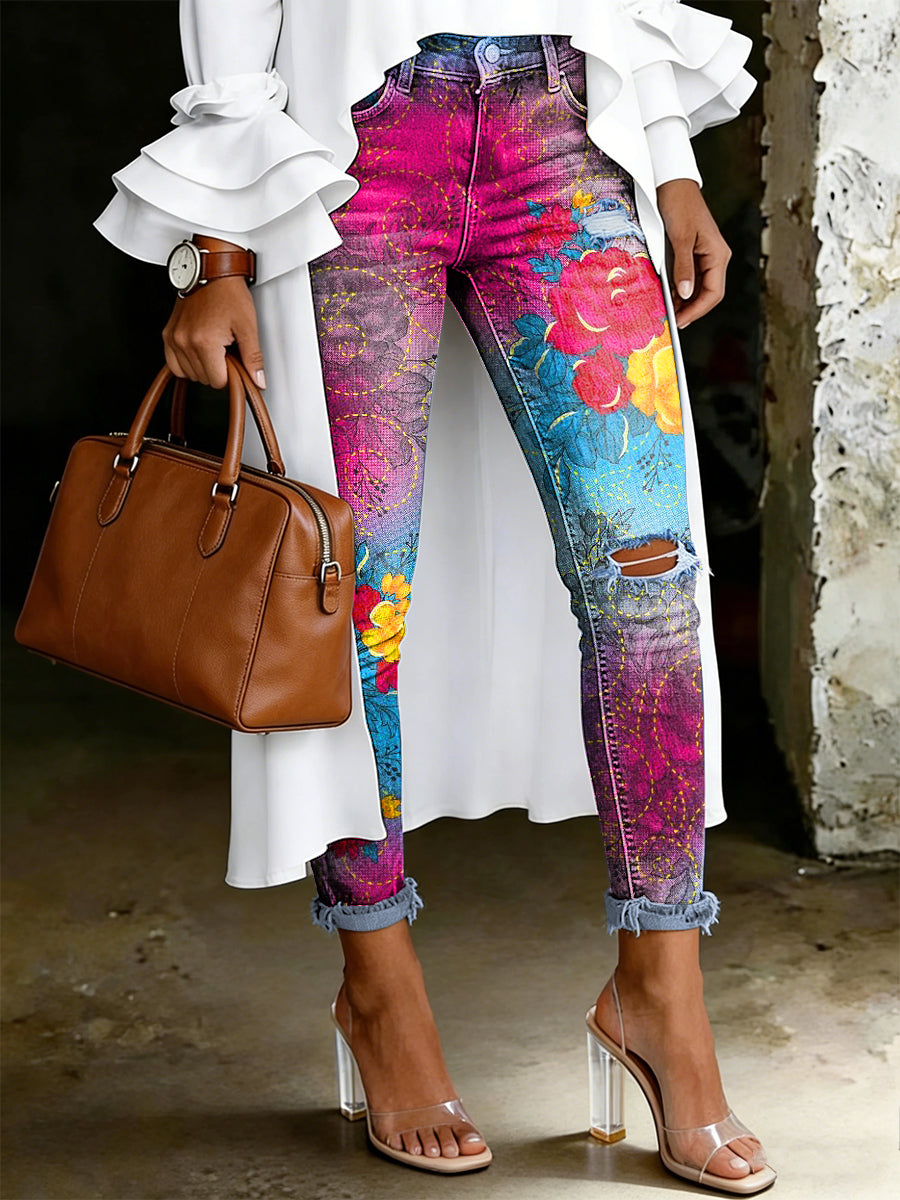 Damsjeans med artistisk blommönster