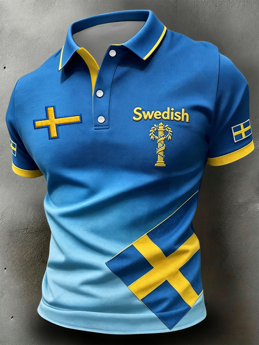 Retro svensk midsommar-patchwork avslappnad polotröja