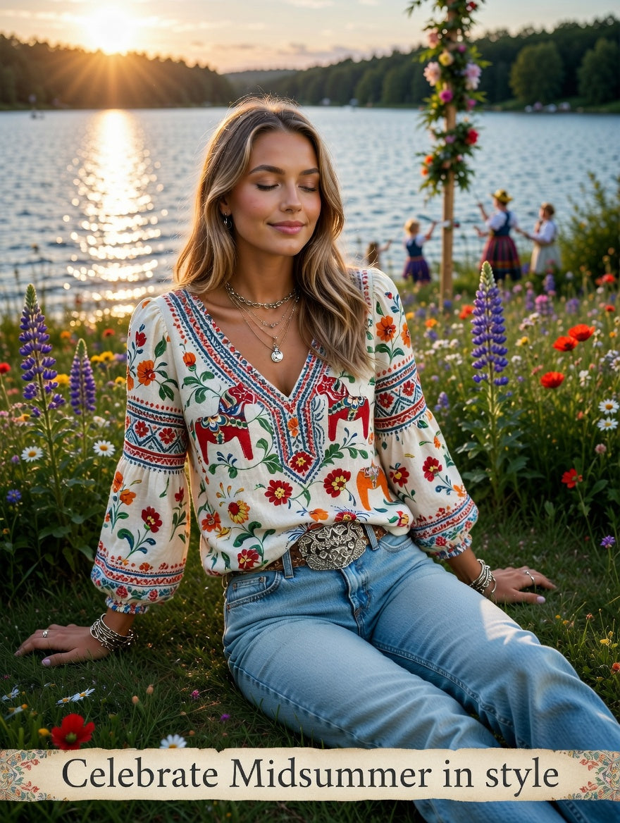 Dams midsommarfest etniskt mönster ledig puffärms-topp med v-ringning