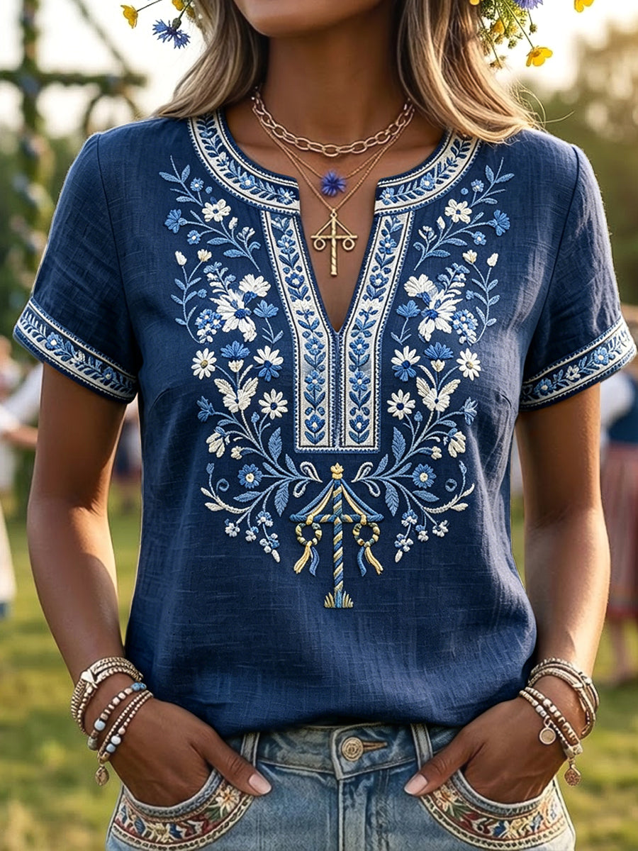 Damer Retro Svensk Midsommar Blommigt Konst V-Neck T-Shirt