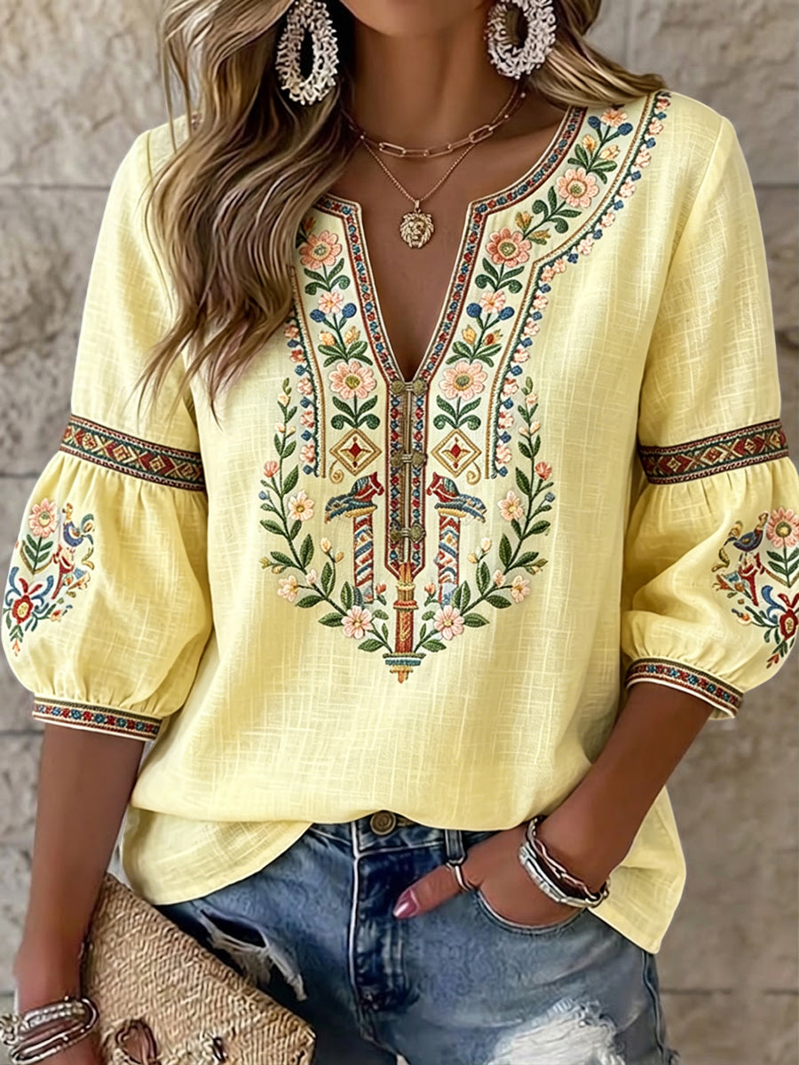 Dams retro svensk midsommarblommig symmetrisk konst V-ringad blus