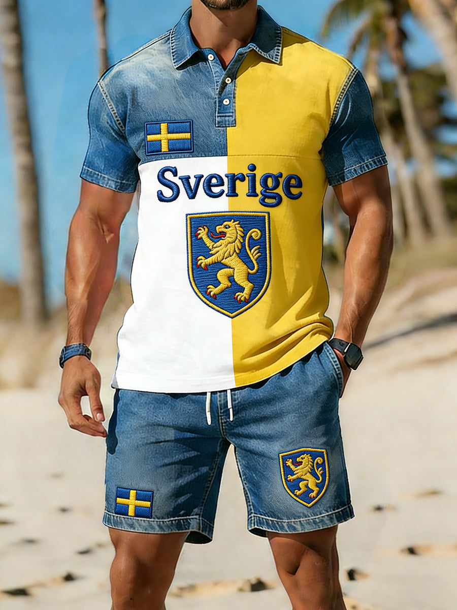 Retro svensk konststiltryck avslappnat polo- och shortsset