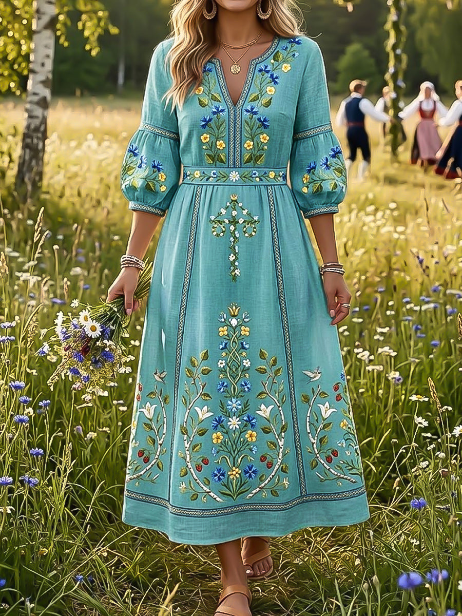 Kvinnors Vintage Svenska midsommar Blomman Krona Konst V-hals klänning