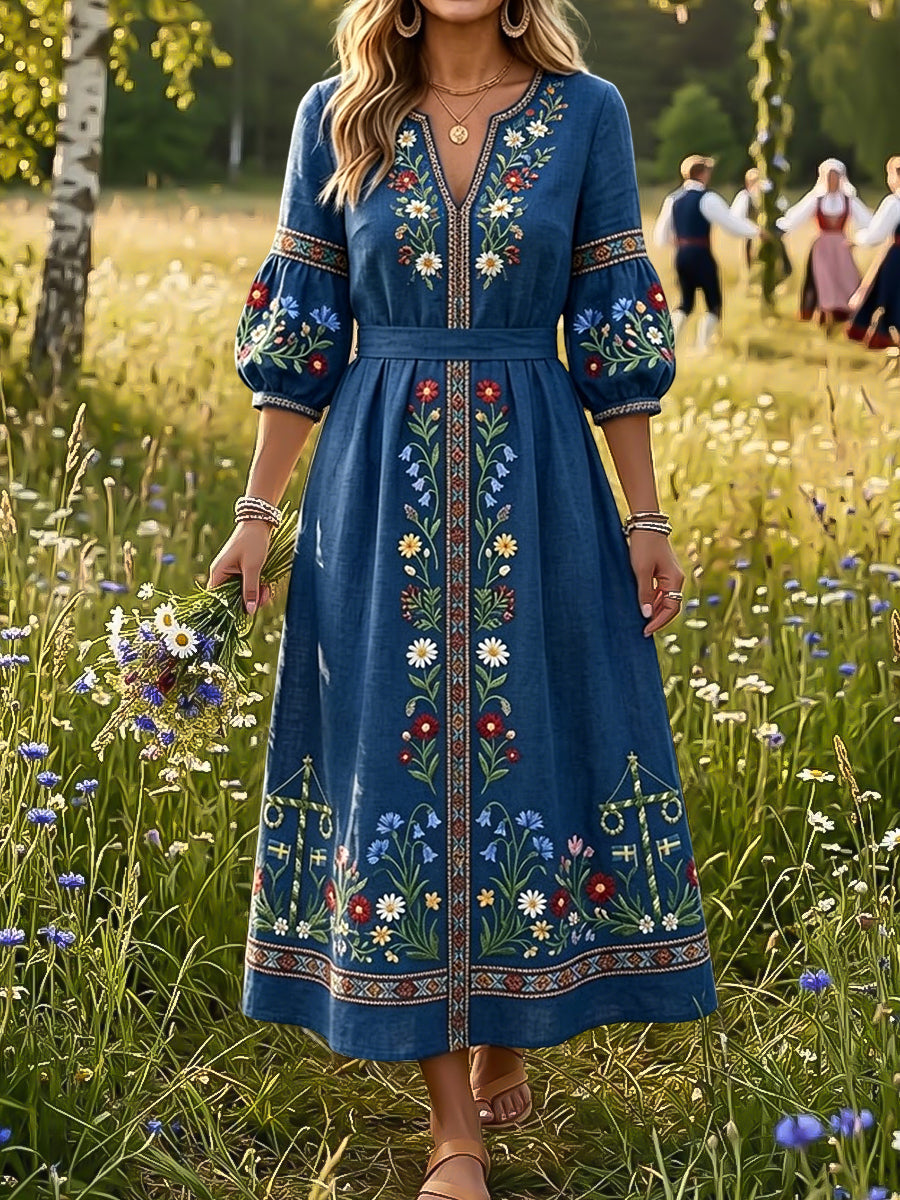 Kvinnor Retro Svenska midsommar Pole Art V-hals klänning