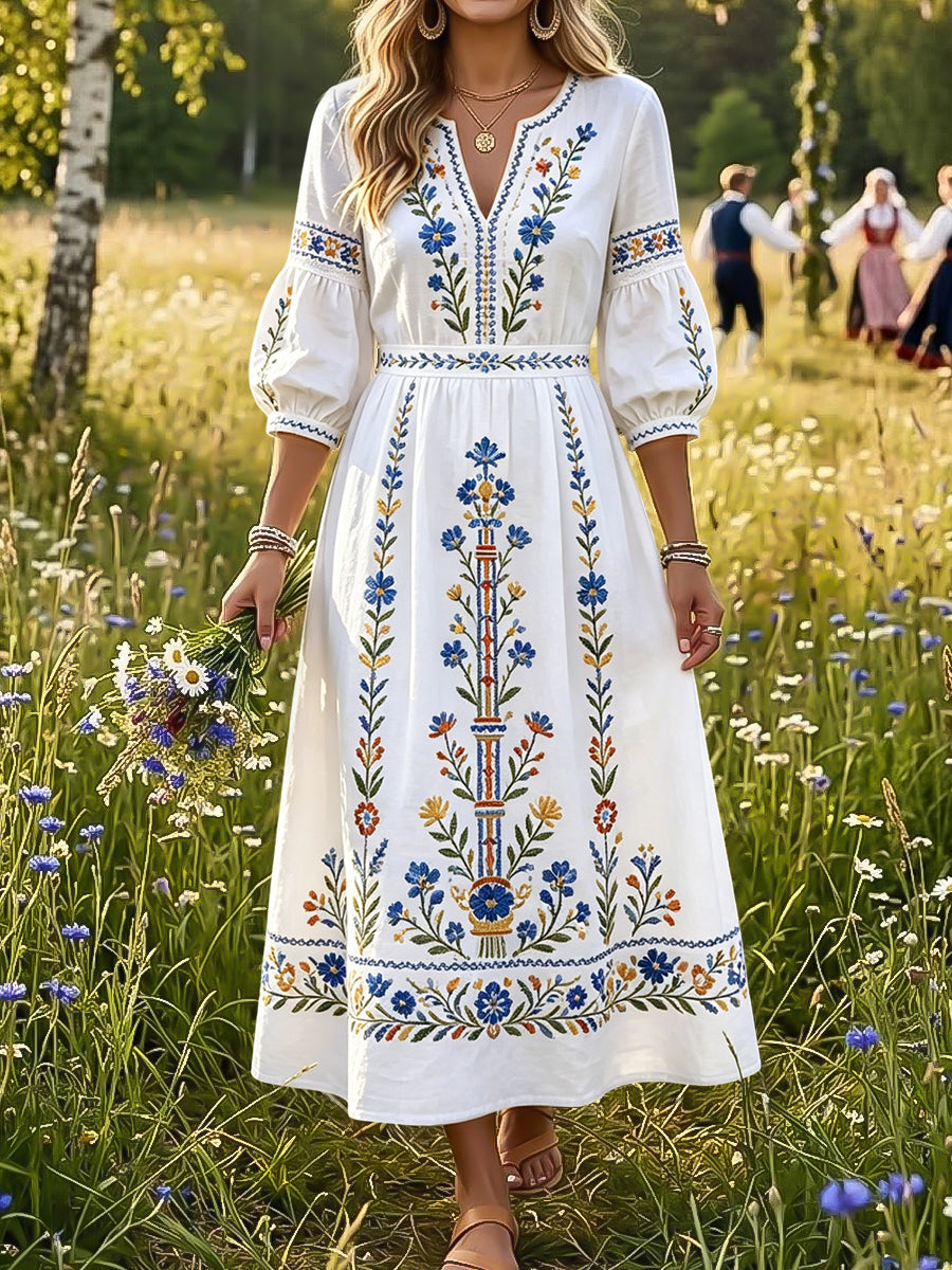 Kvinnor Retro Svenska midsommar Floral Art V-Hack klänning