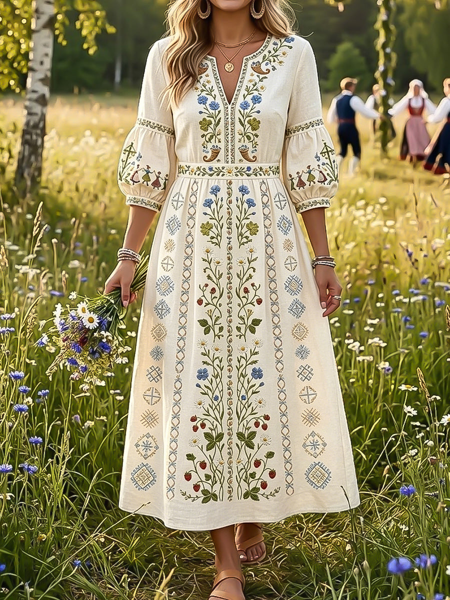 Kvinnors Vintage Svenska Midsommar Floral Art V-Hack klänning