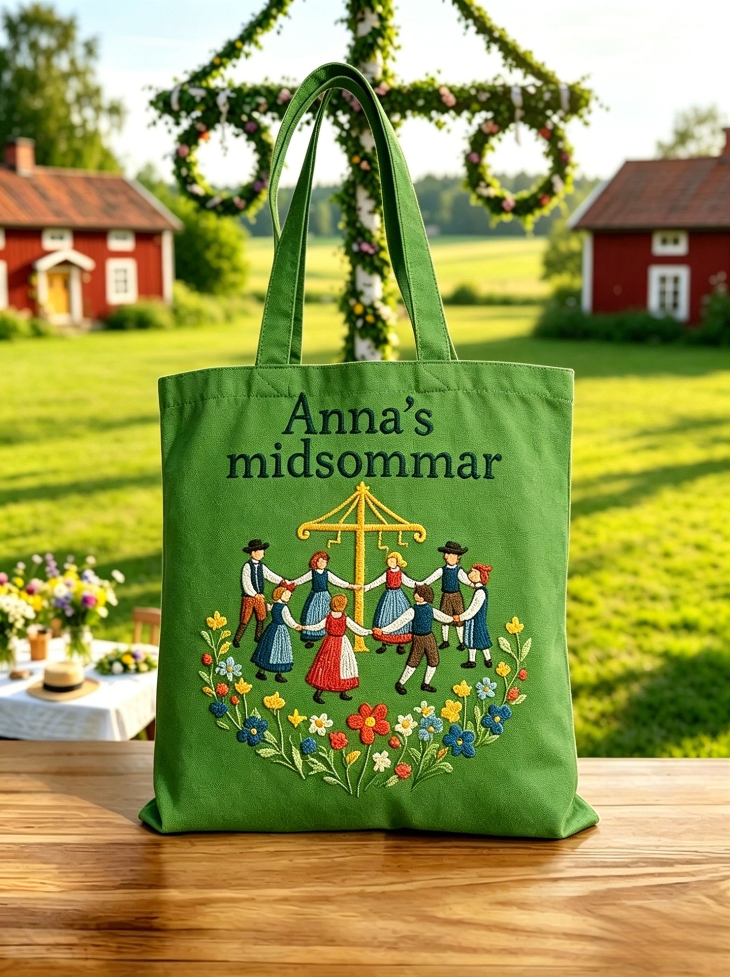 Retro svensk midsommarfolkblommig canvasväska