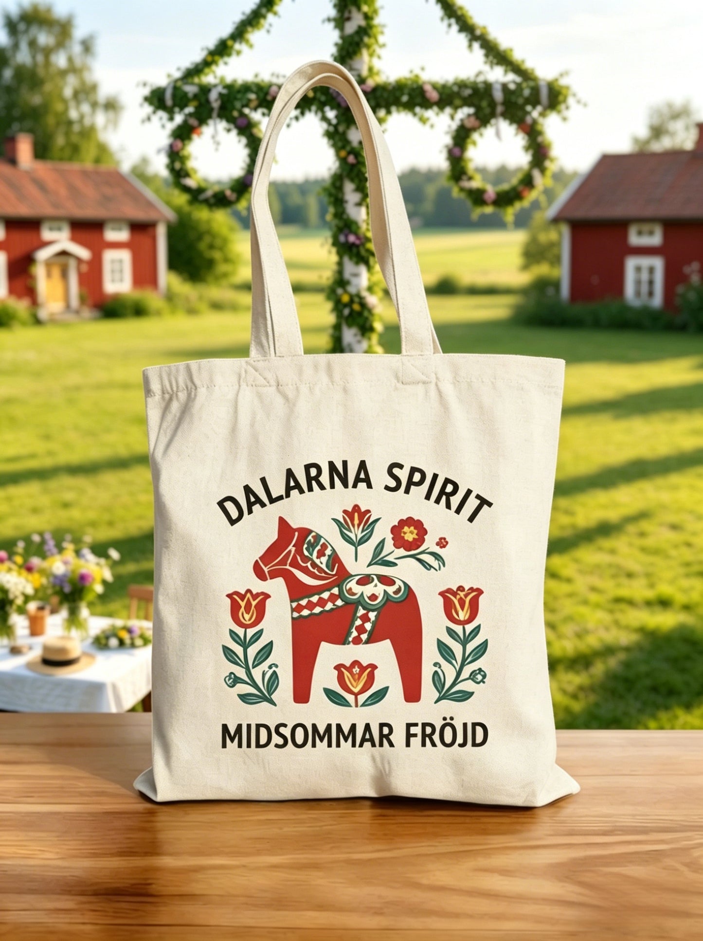 Retro svensk midsommarfolkblommig canvasväska