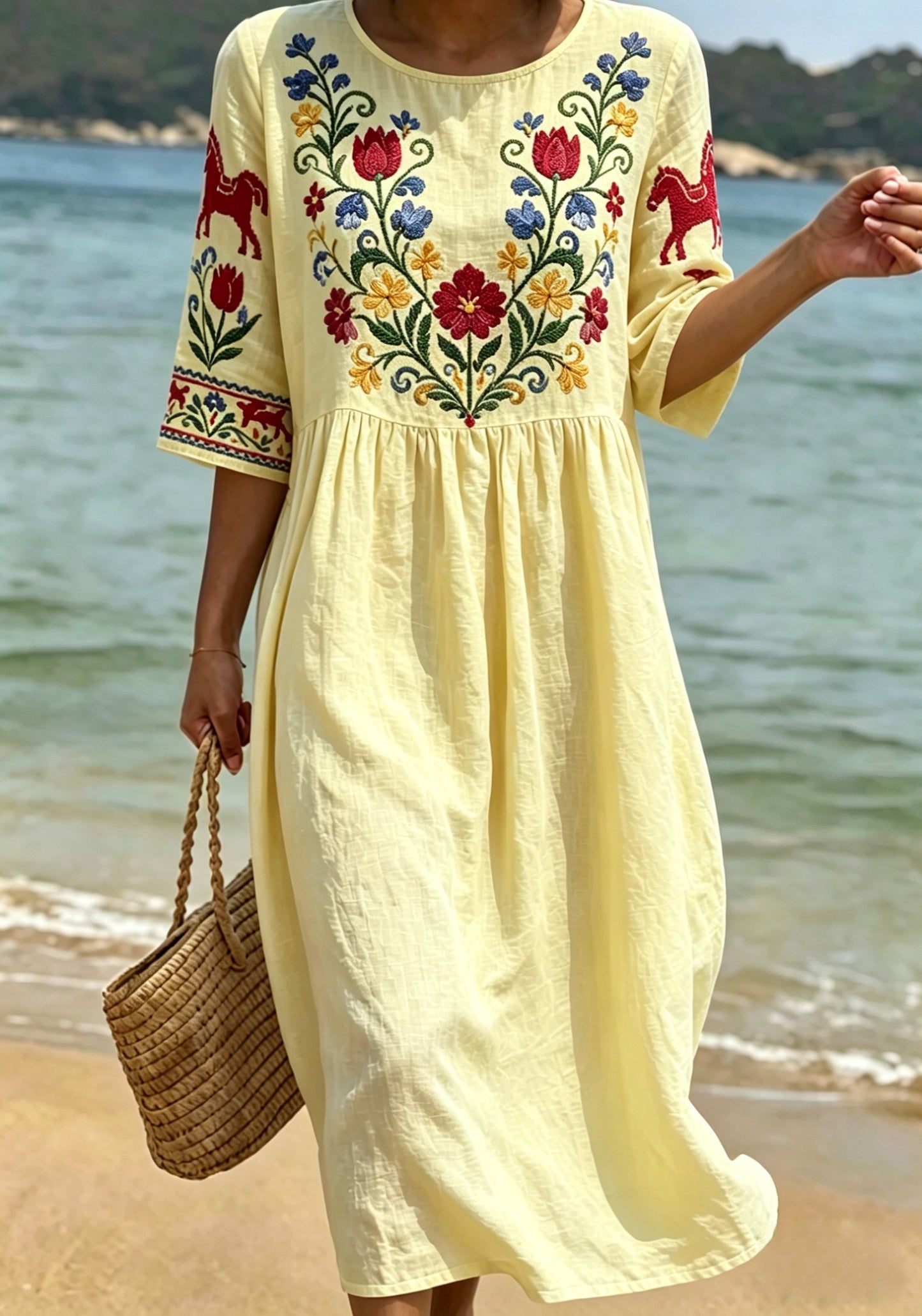 Dams Retro Svensk Midsommar Folk Floral Halvlång Ärm Bomull-Linne Klänning