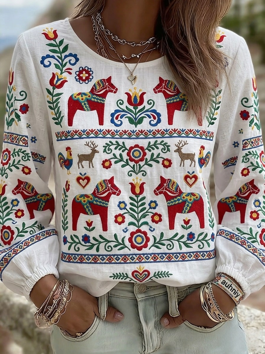 Kvinnor Retro Svenska midsommar Folk Floral Bomull-Linen Blus