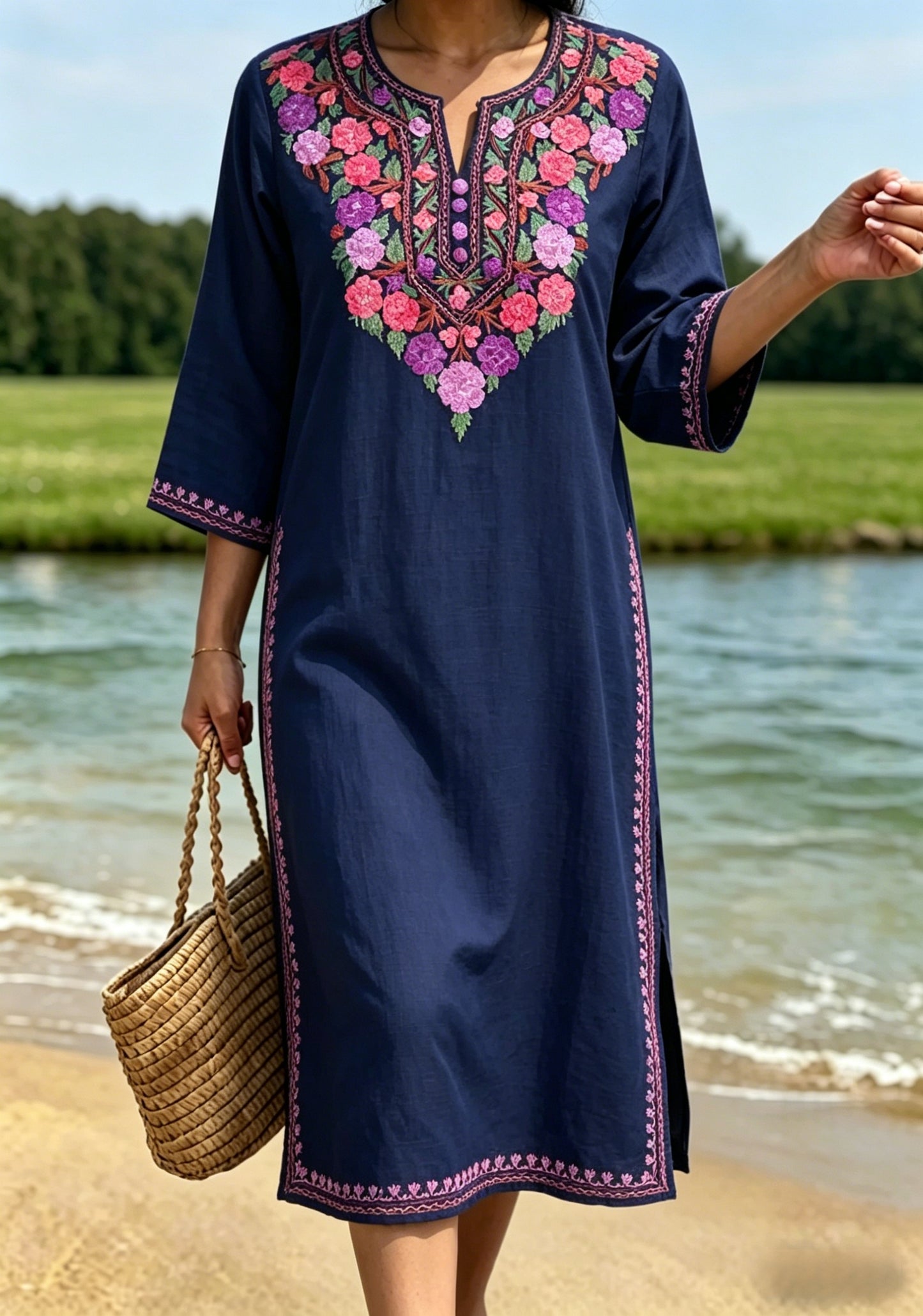 Dams retro svensk midsommarfolkstil blommig klänning i bomull-linne