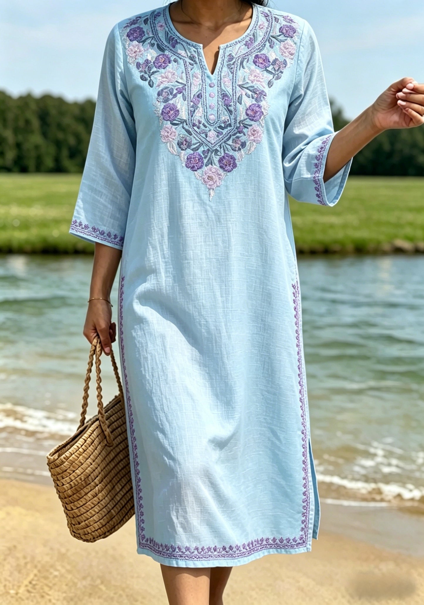 Dams retro svensk midsommarfolkstil blommig klänning i bomull-linne