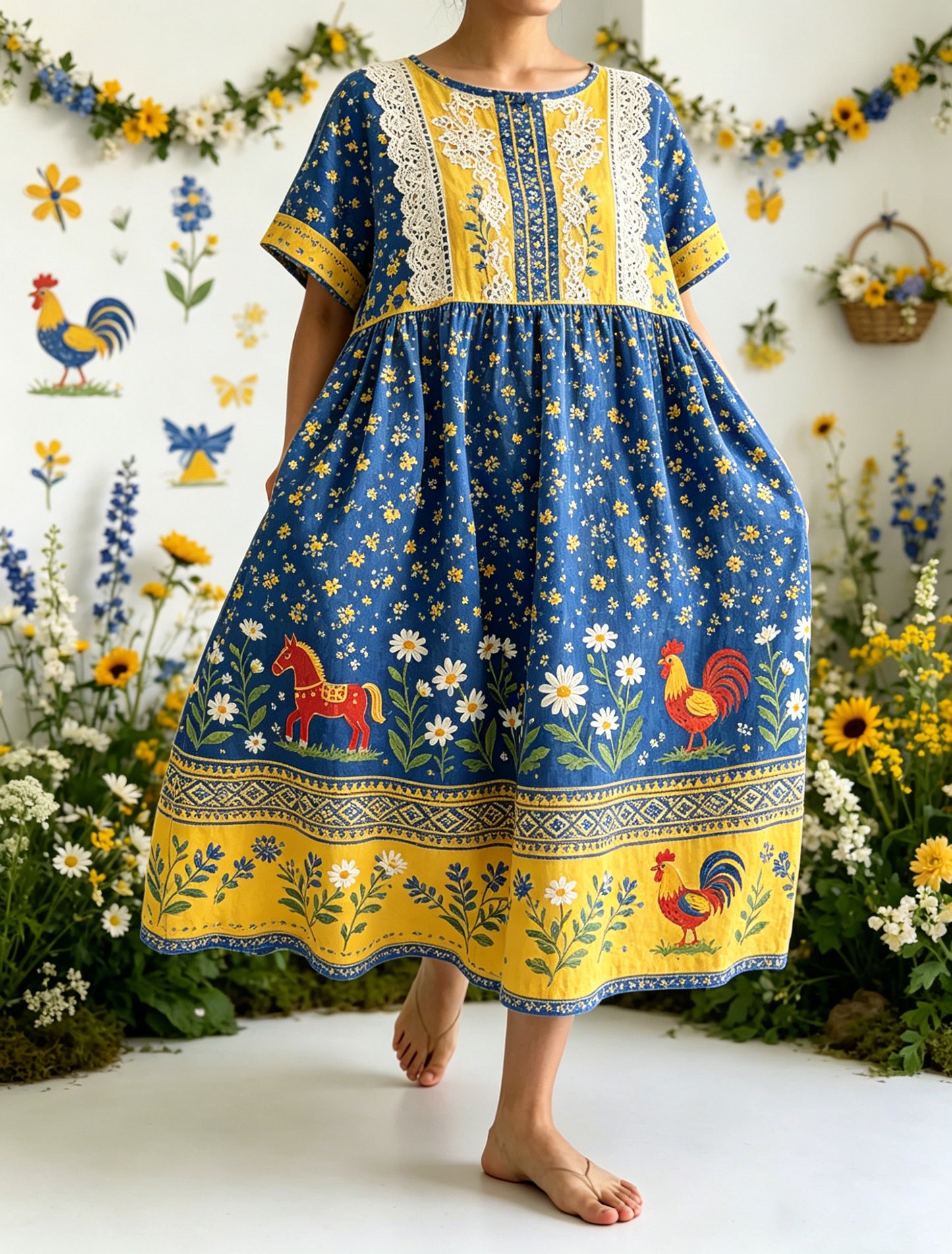 Damer Svensk midsommarfest minneskonsttryck lång klänning