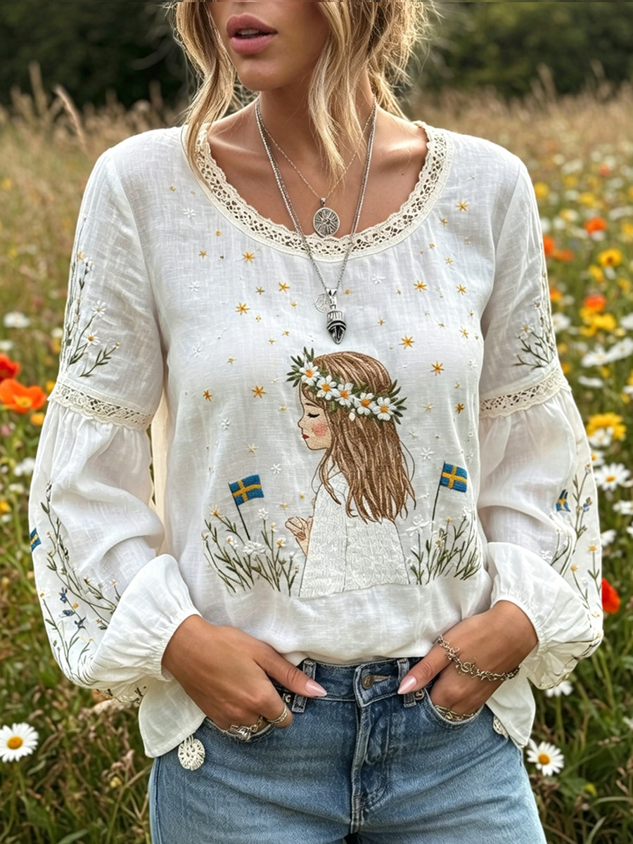 Dams Vintage Midsommar Blommigt Konsttryck Avslappnad Topp i Bomull-Linntyg