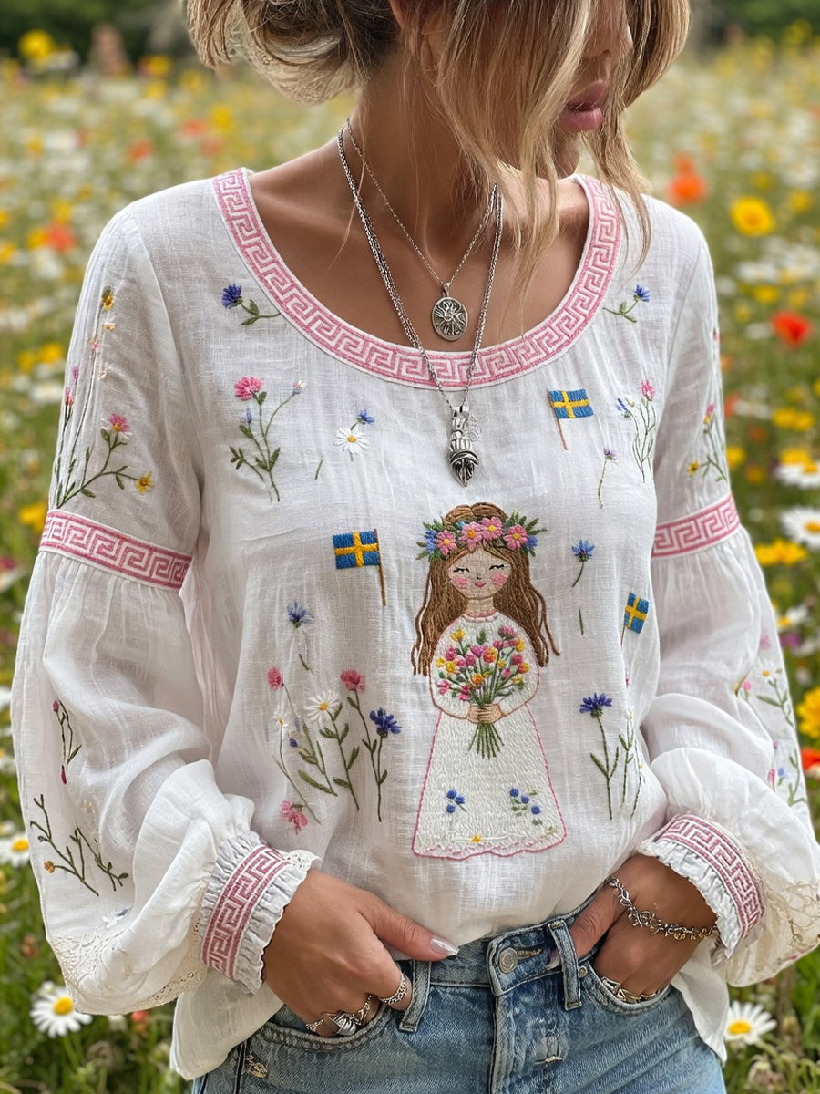 Dams Vintage Midsommar Blommigt Konsttryck Avslappnad Topp i Bomull-Linntyg