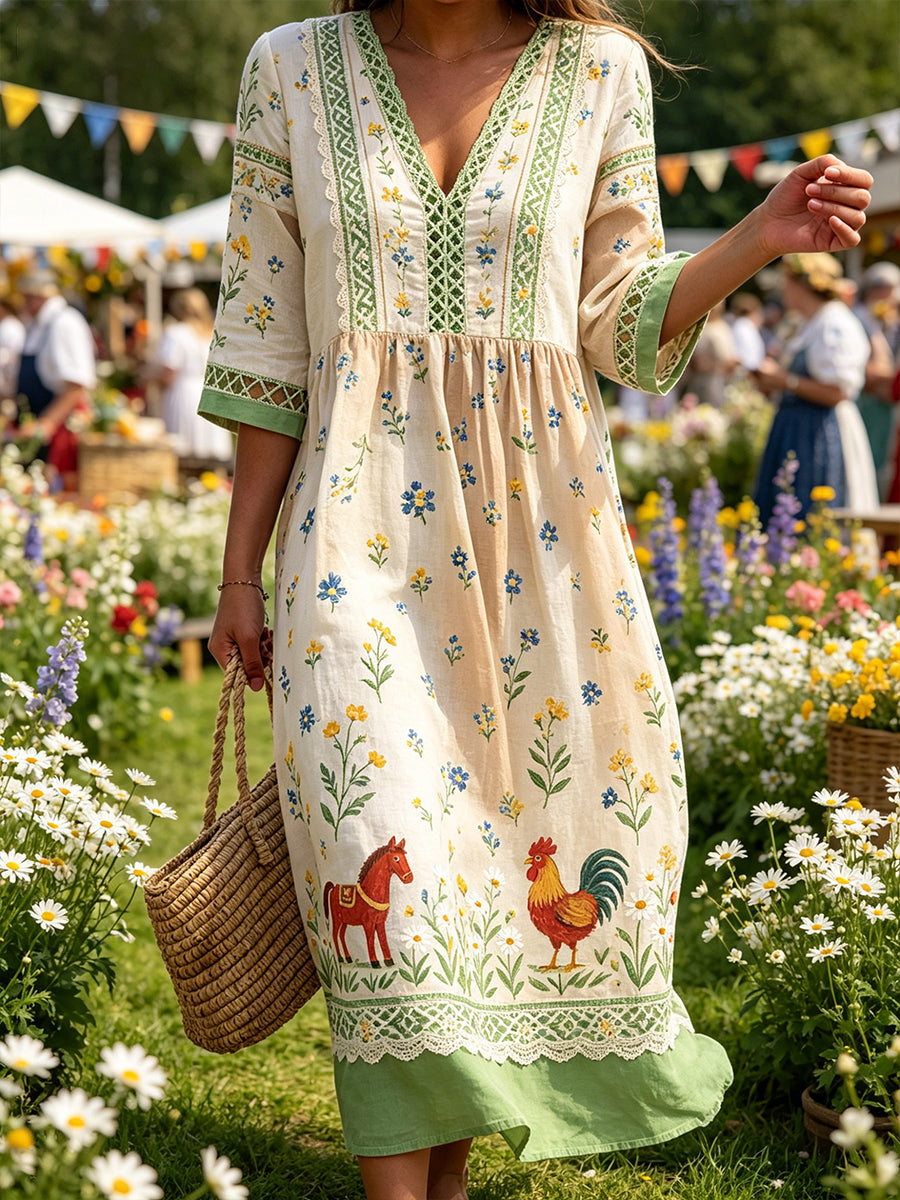 Damskjorta i midsommarstil med V-ringning och etniskt mönster