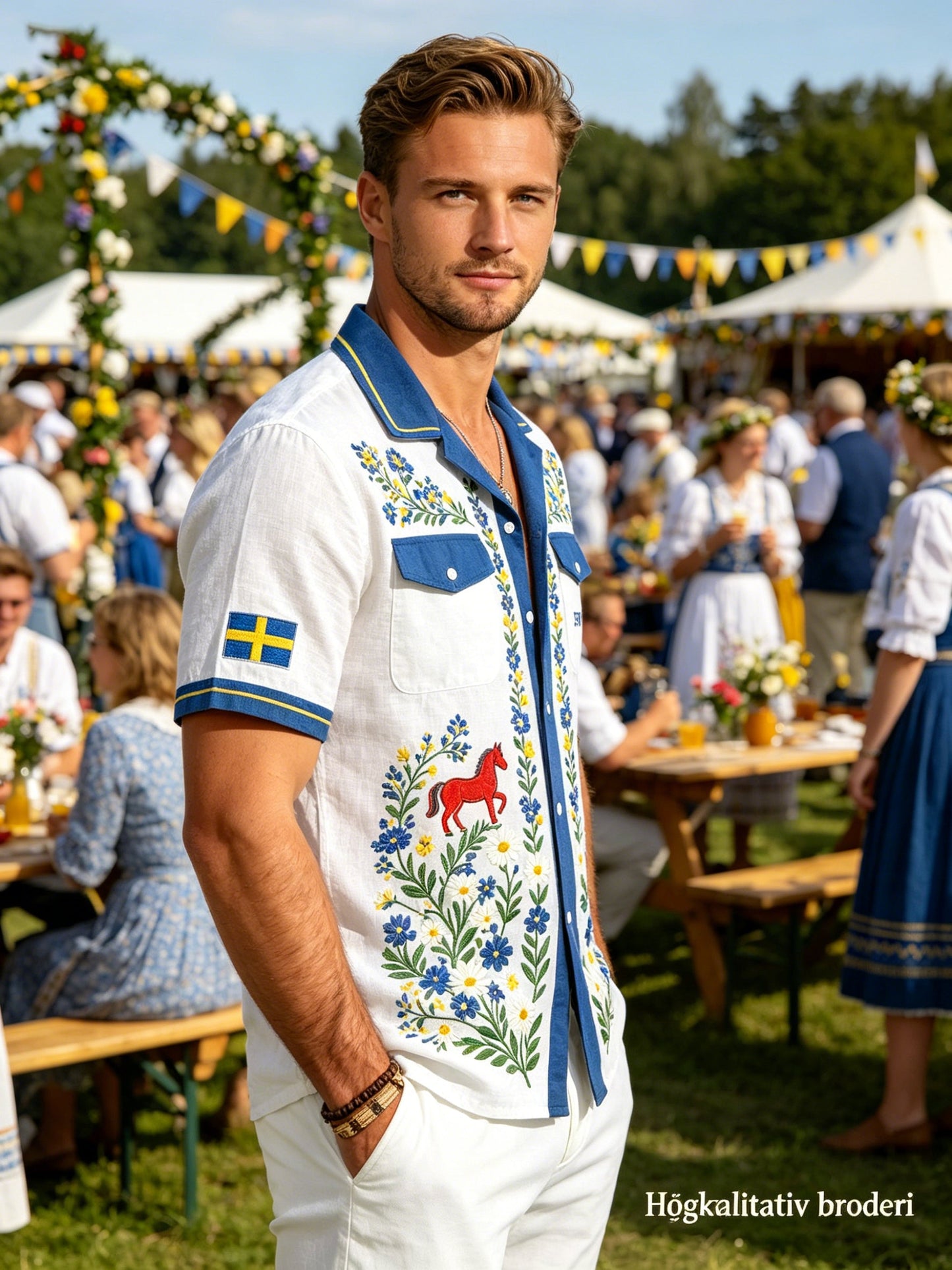Herrskjorta i bomull-linne med midsommarblommönster