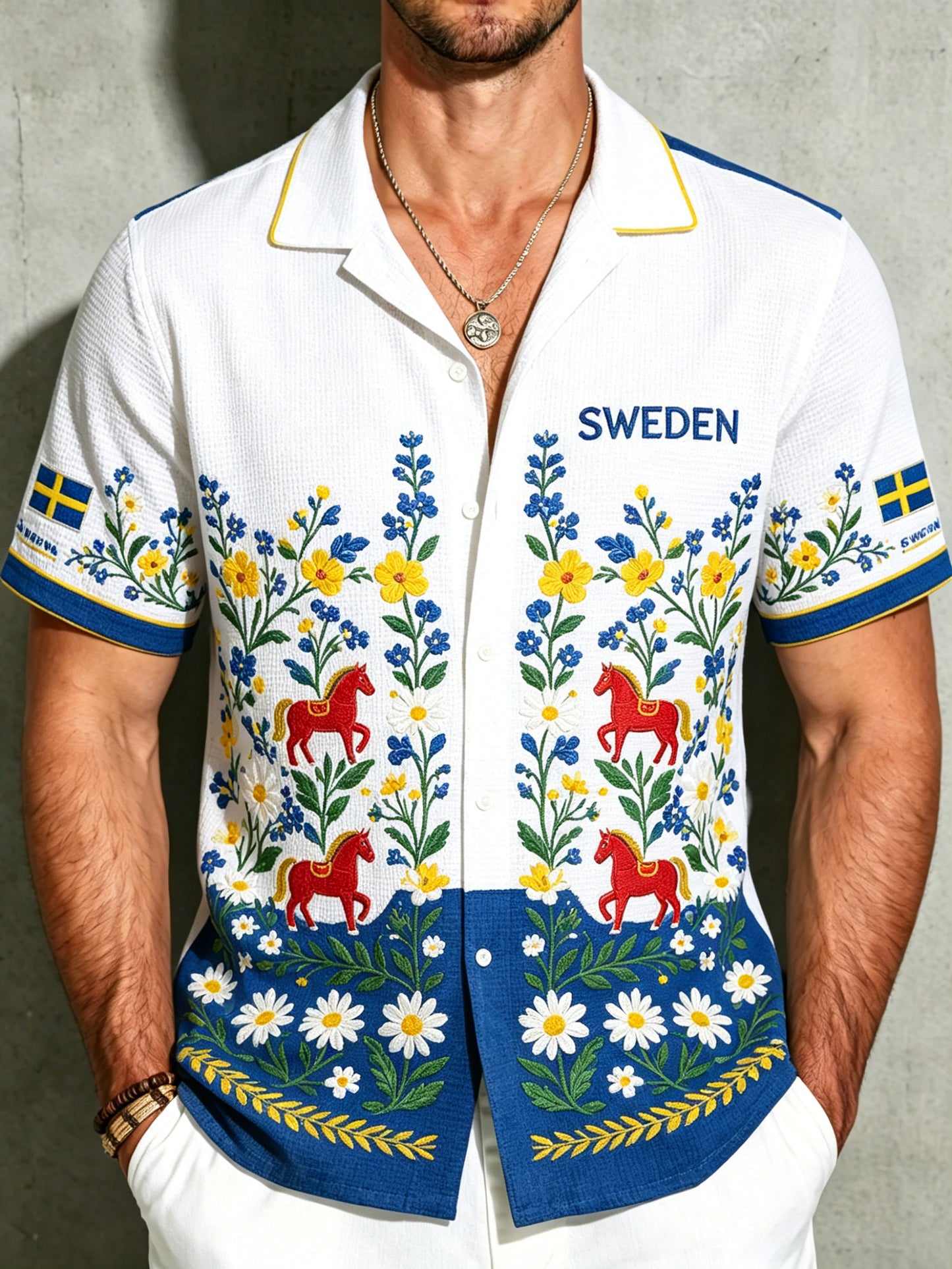 Herrmidsommartröja i waffeltyg med blommönster