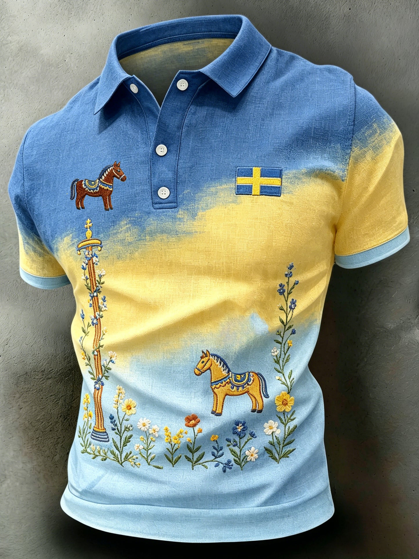 Herrpolotröja med konsttryck – Svensk midsommarfest