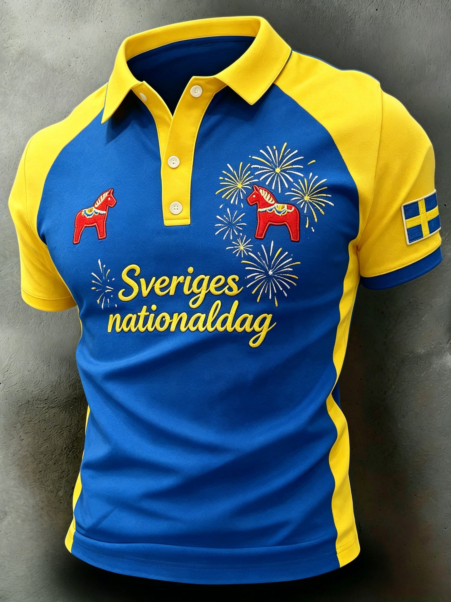 Herrpolotröja med konsttryck – Svensk midsommarfest
