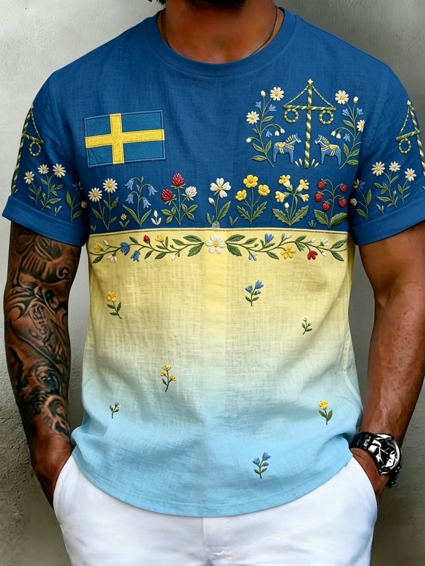 Herrretro svensk midsommarfolkalinsk bomull-linne t-shirt med korta ärmarna