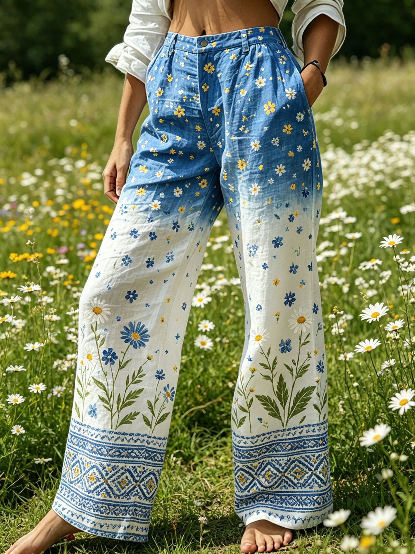 Damer Midsommarfest Blommig Färggradient Bomull Linne Avslappnade Byxor