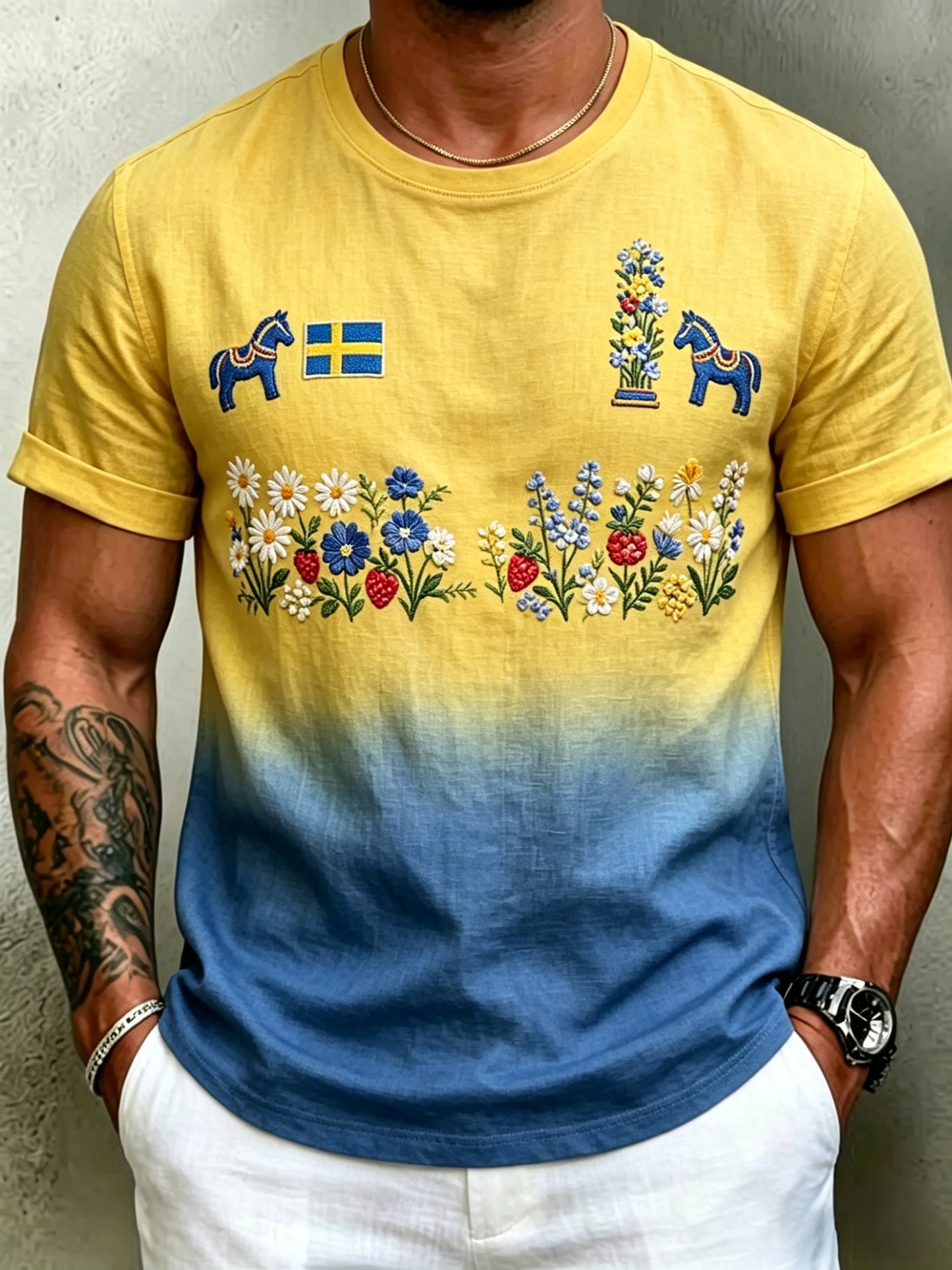 Herrretro svensk midsommarfolkalinsk bomull-linne t-shirt med korta ärmarna