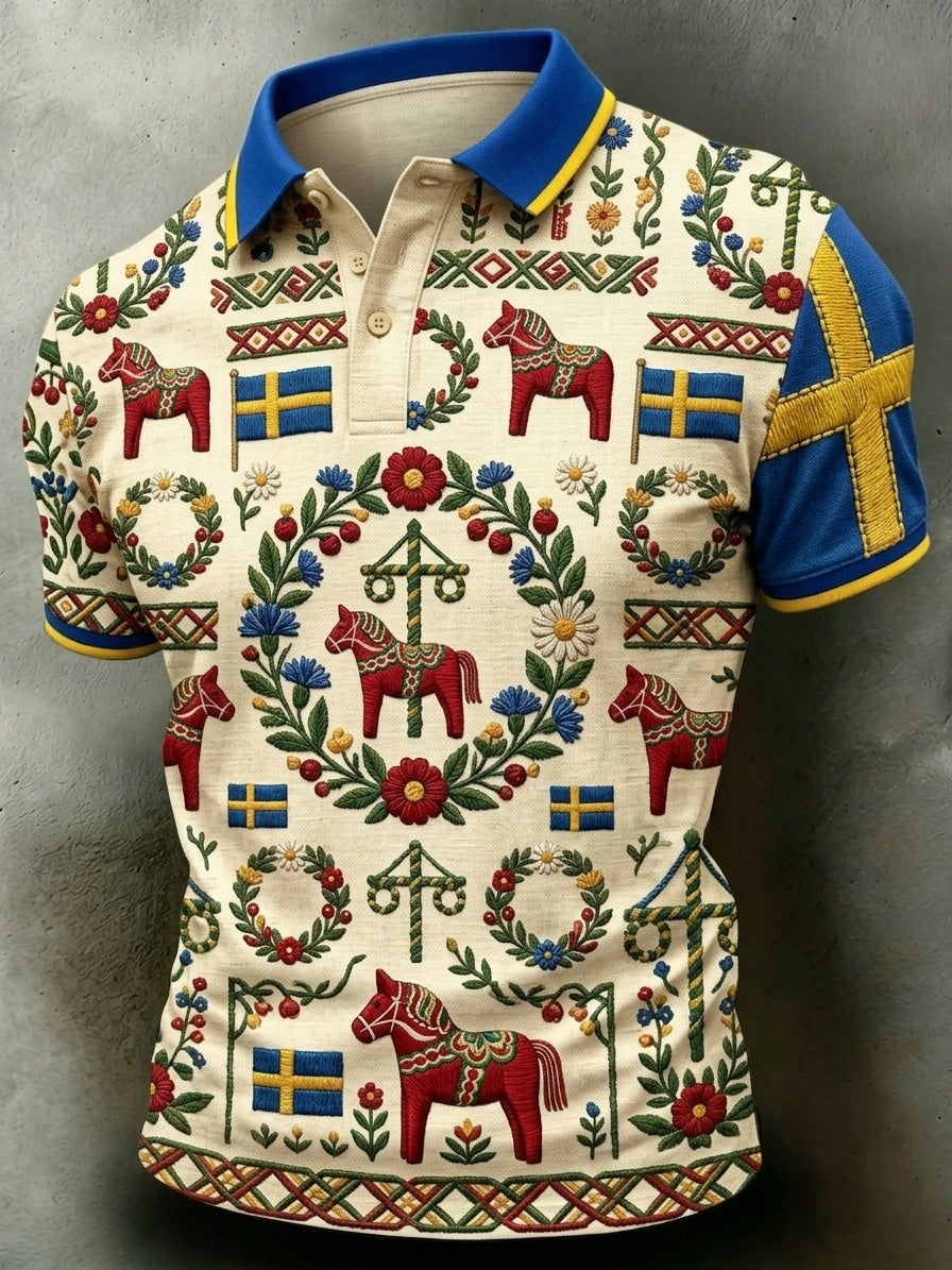 Herrretro svensk midsommarkonsttryck polotröja med korta ärmar