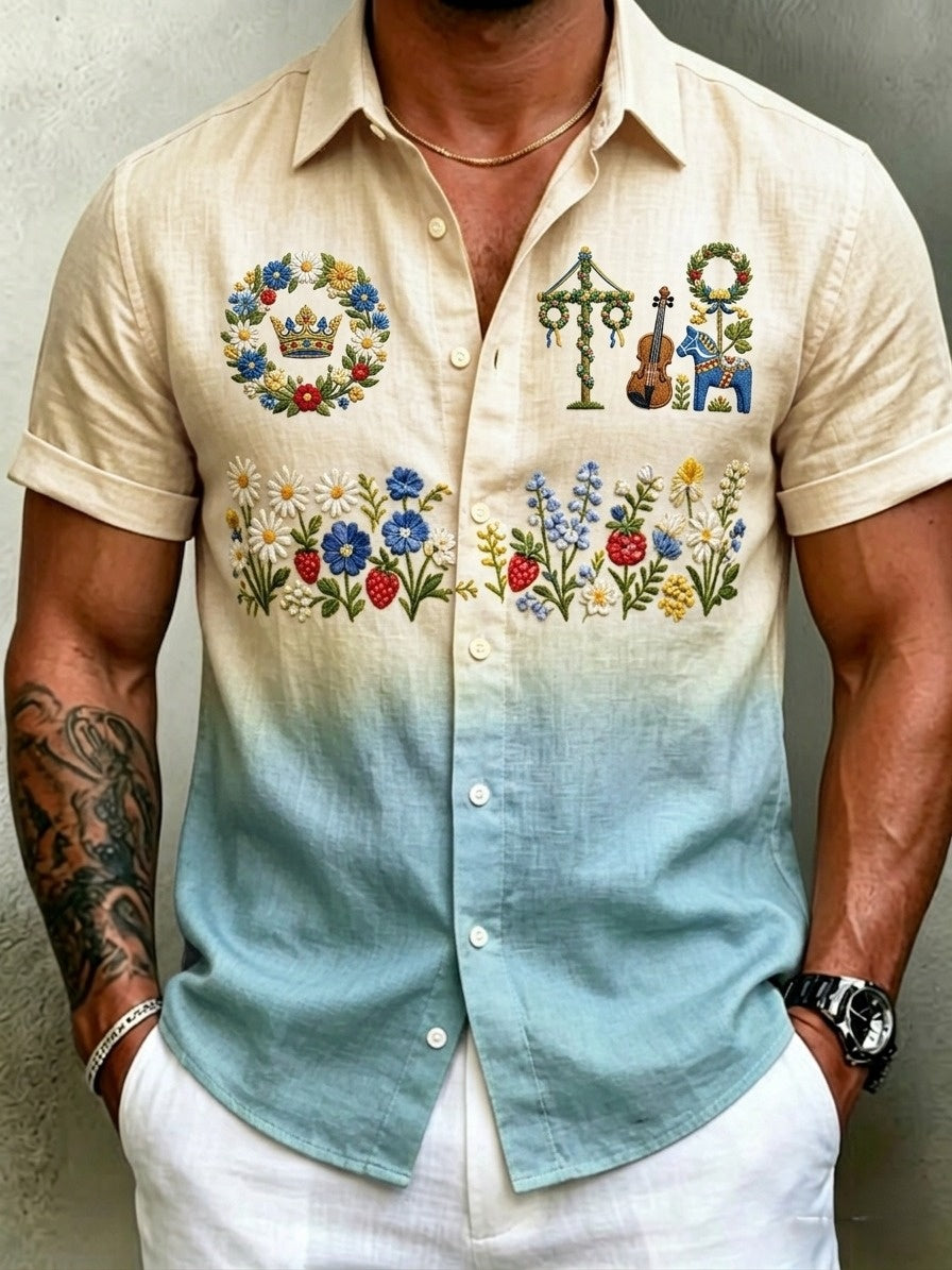 Herrskjortor i retrostil med svensk midsommar- och folkdräktsmotiv i bomull-linne, kortärmade