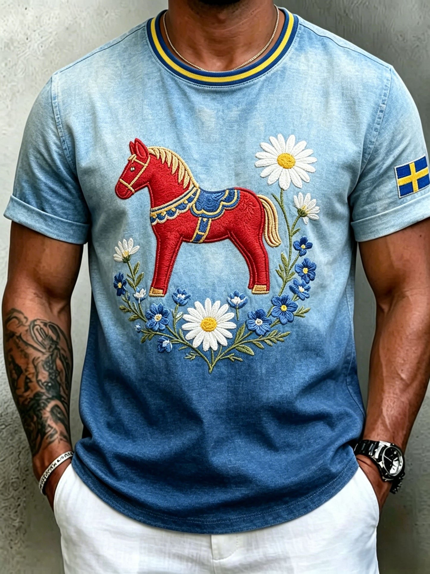 Retro herrtröja med svensk midsommarkonst, kortärmad t-shirt