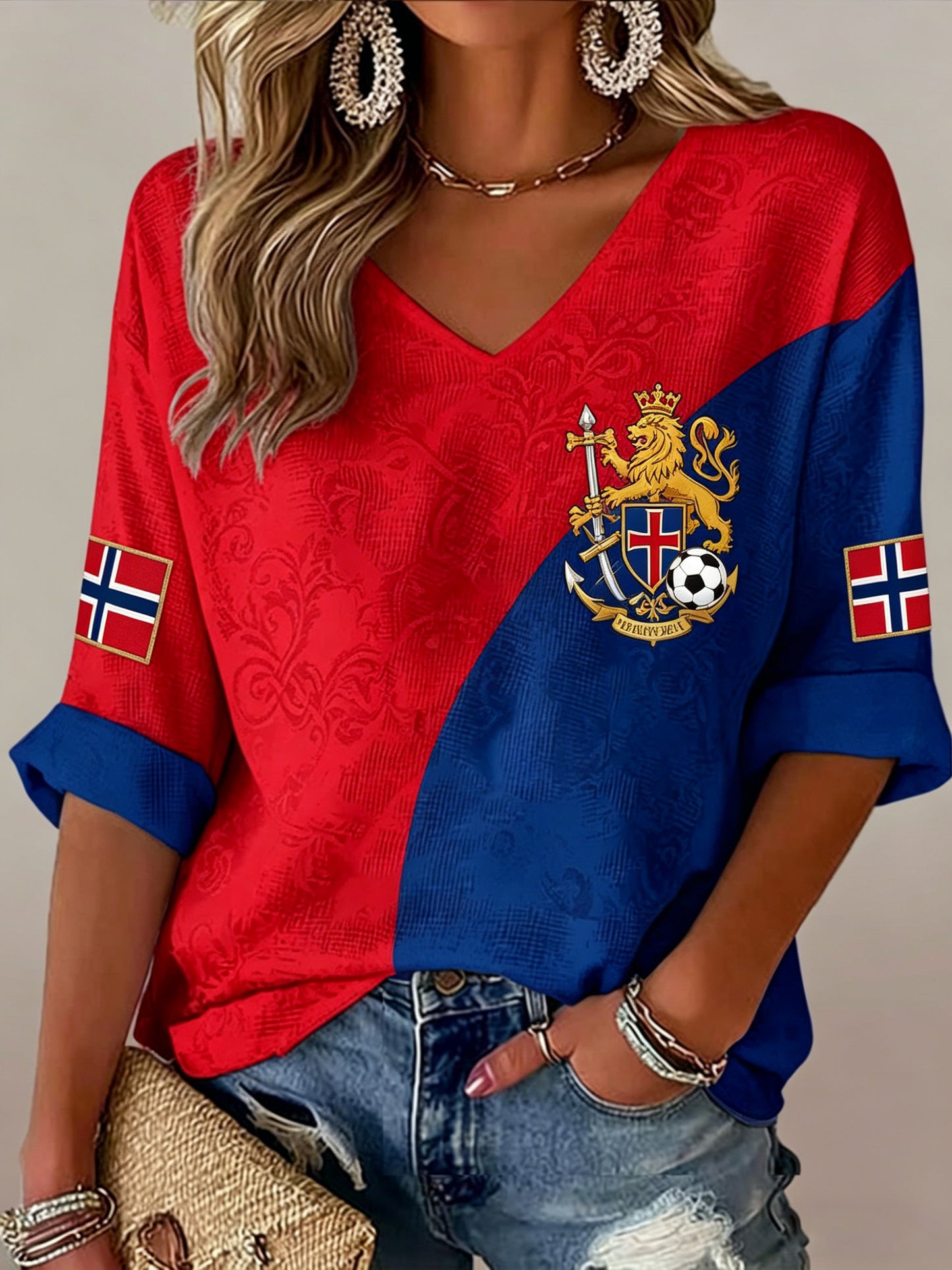 Kvinnernes norske fotballkamp jubelkunst Print V-Neck øverst