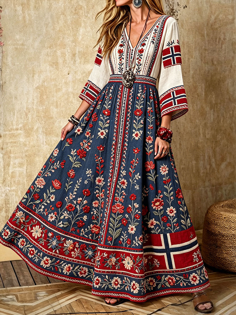 Damekjole i nordisk skandinavisk stil med blomstermotiv trykt på lin