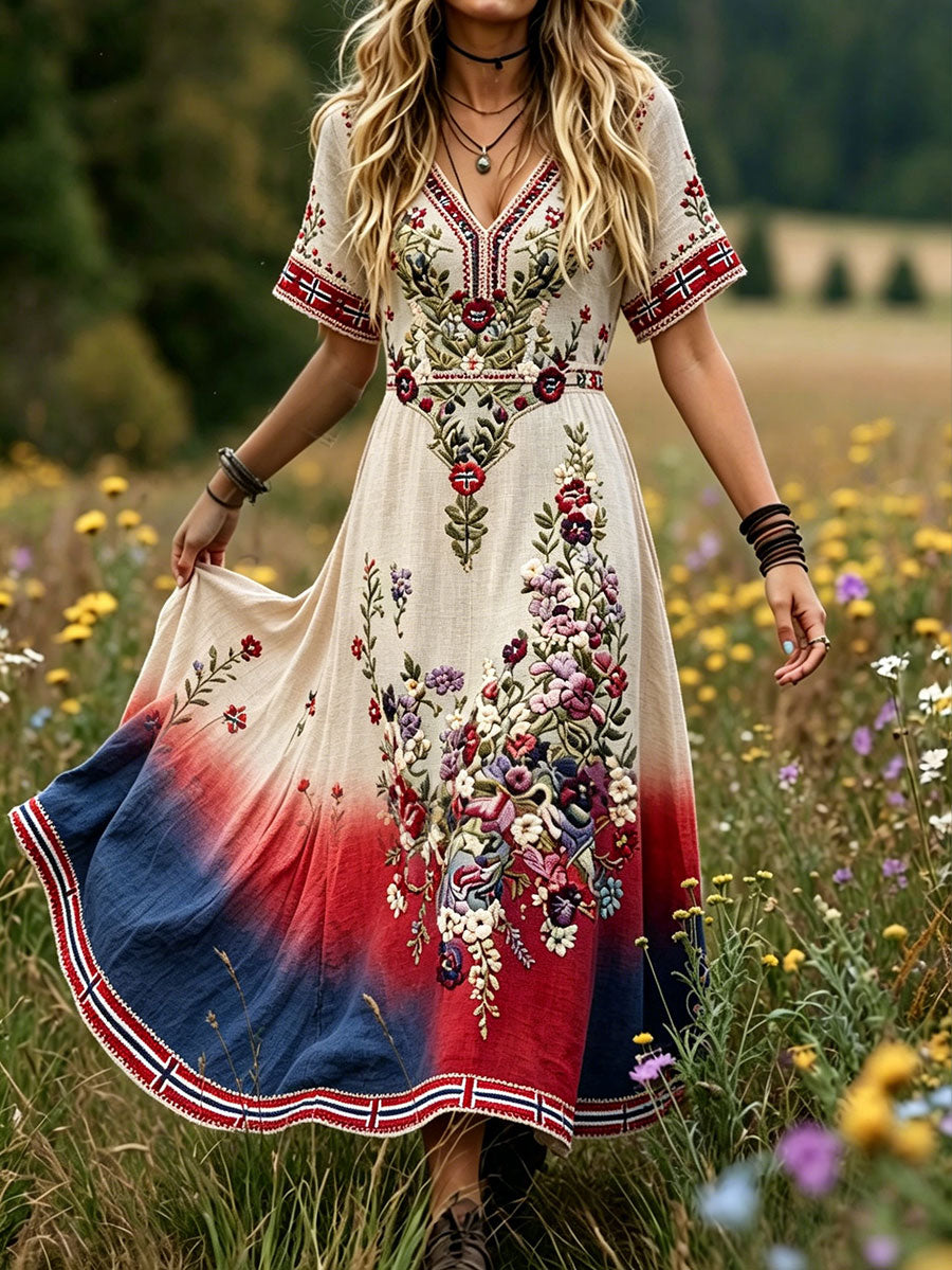 Damekjole i nordisk skandinavisk stil med blomstermotiv og kunsttrykk