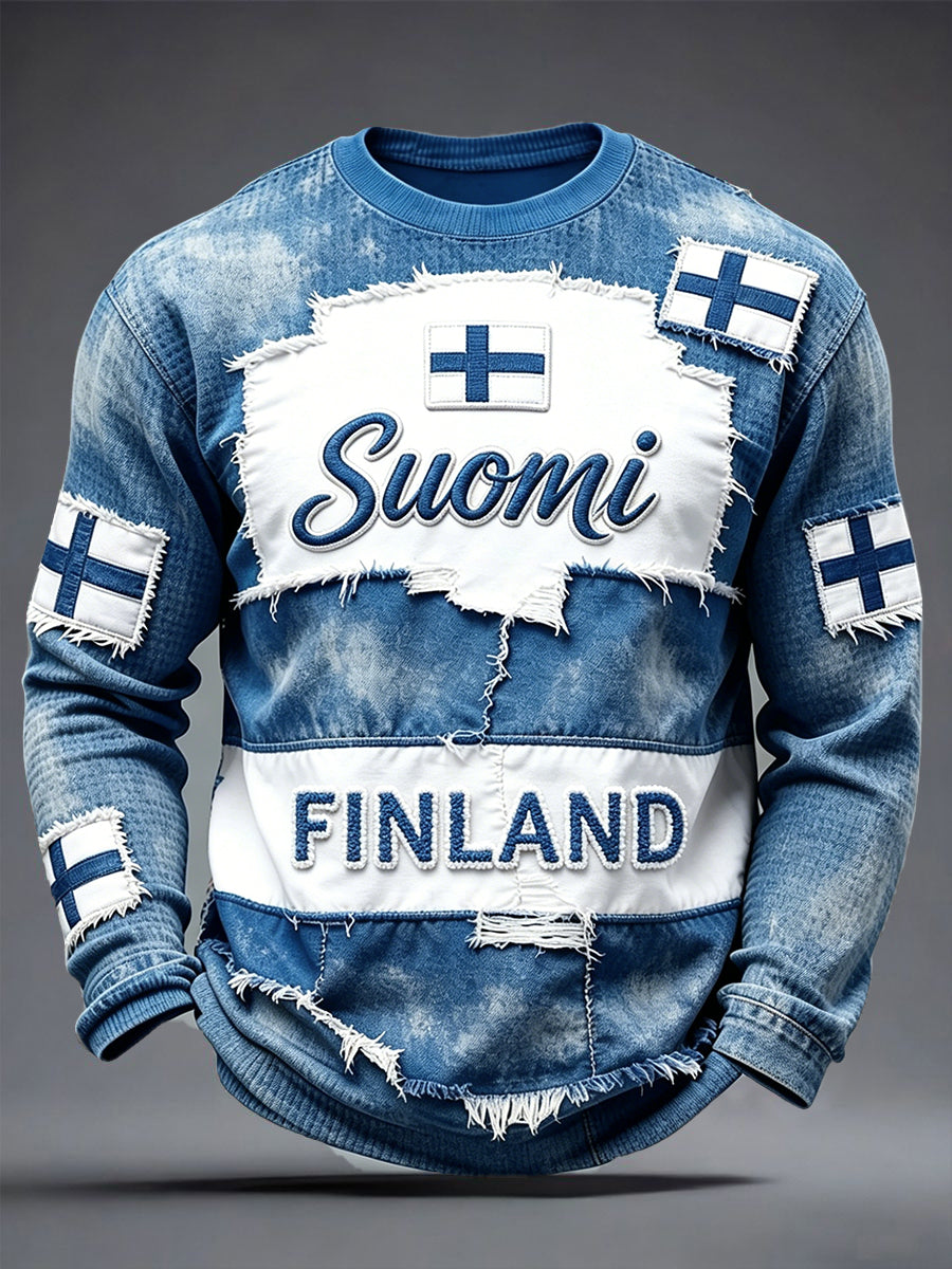 Miesten Vintage suomalainen Suomi Patchwork 3D Tulosta vapaa pitkähiha T-paiti