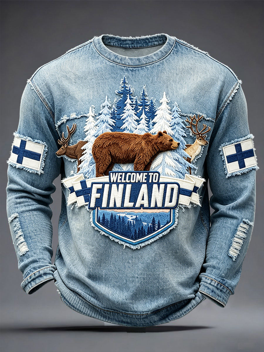 Miesten suomalainen karhu Denim-tyylinen patchwork Print Casual Pitkähiha T-paiti