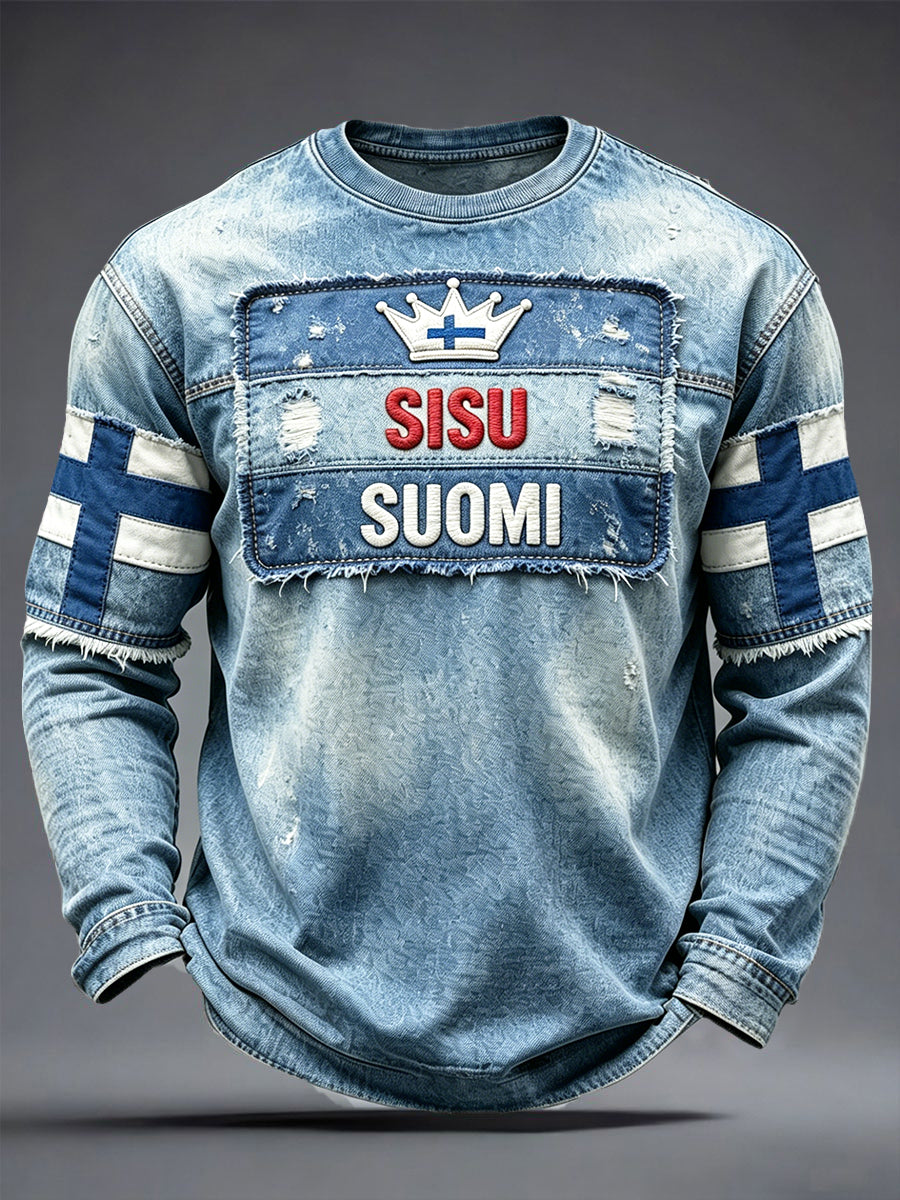 Miesten suomalainen ”Suomi” patchwork Print Casual Pitkihihiha T-paiti