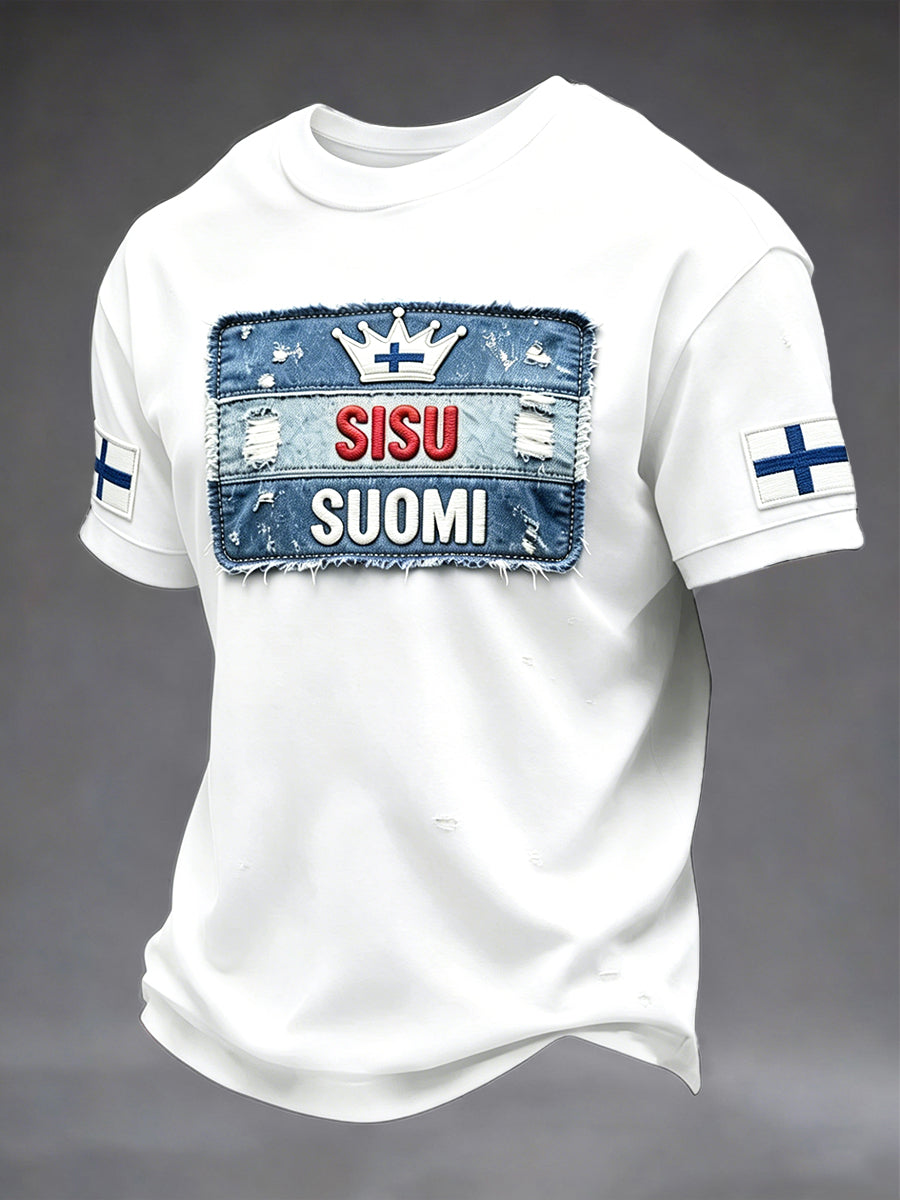 Miesten Valkoinen Suomi Sisu Patchwork Print Casual T-paito
