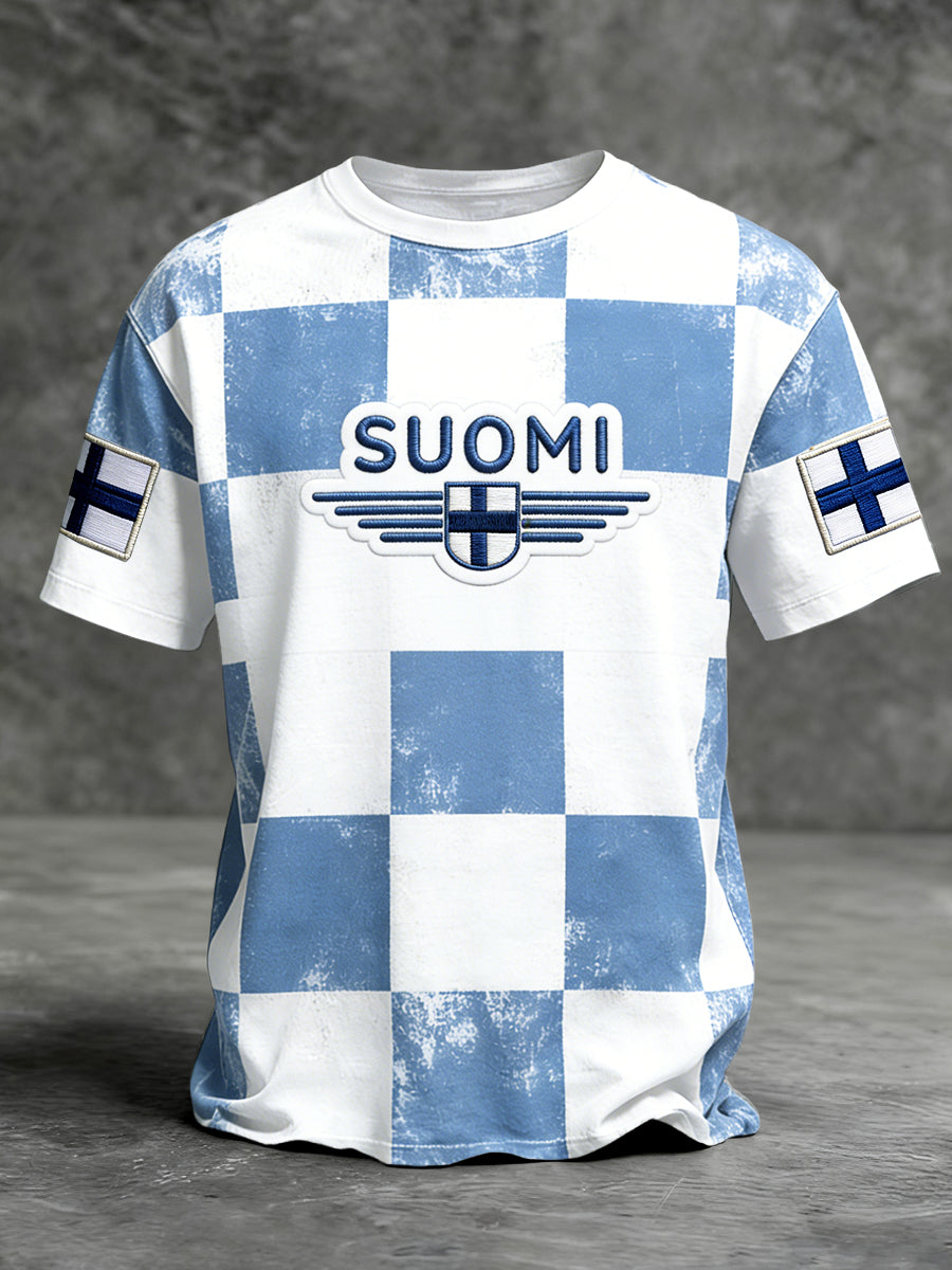 Miesten suomalainen Suomi Check Print Casual T-paito