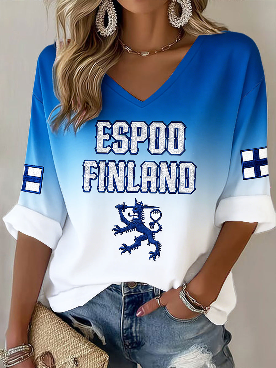 Naisten Suomi Lippu Gradient 3D Tulosta Casual V-kaula Pitkähihainen T-paito