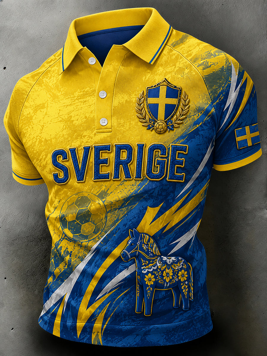 Herrpolotröja i retrostil med fotbollselement, kortärmad och avslappnad stil