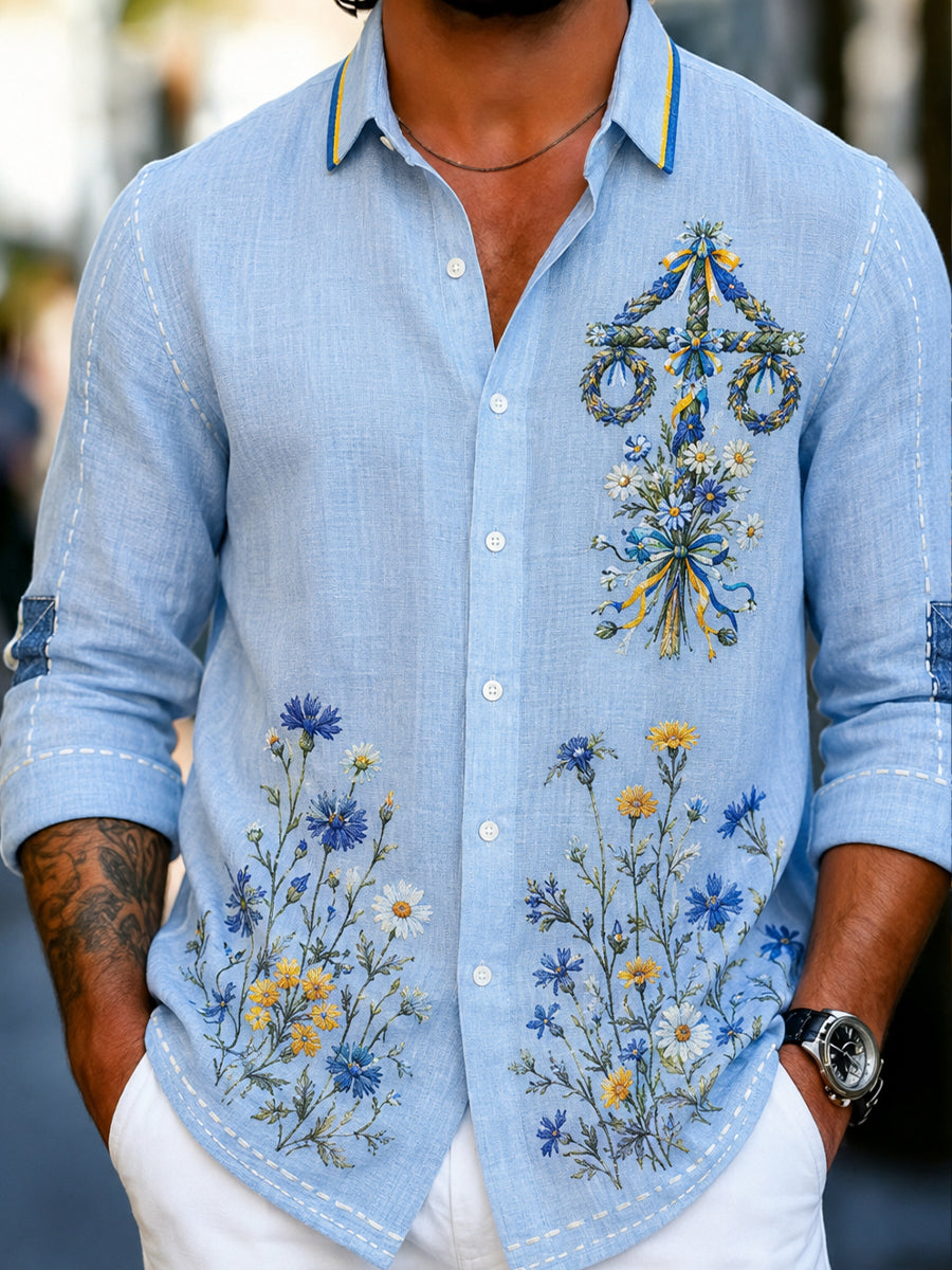 Herr Retro Svenska Dala Häst Broderad blommiga konst Print Casual skjjorta